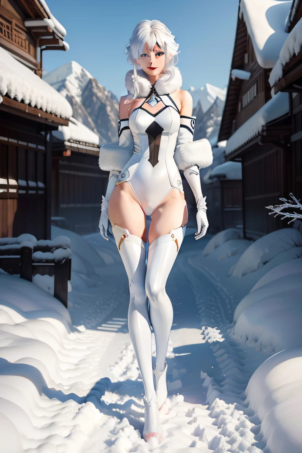 Eulalp,Eula_(genshin_impact_),full body,,(snow mountain:1.3),masterpiece,(long legs:1.3),(Gloves, full body, standing posture, fair skin, shiny skin, slender legs, slender waist, slender waist, smiling, shy, white hair: 1.2)