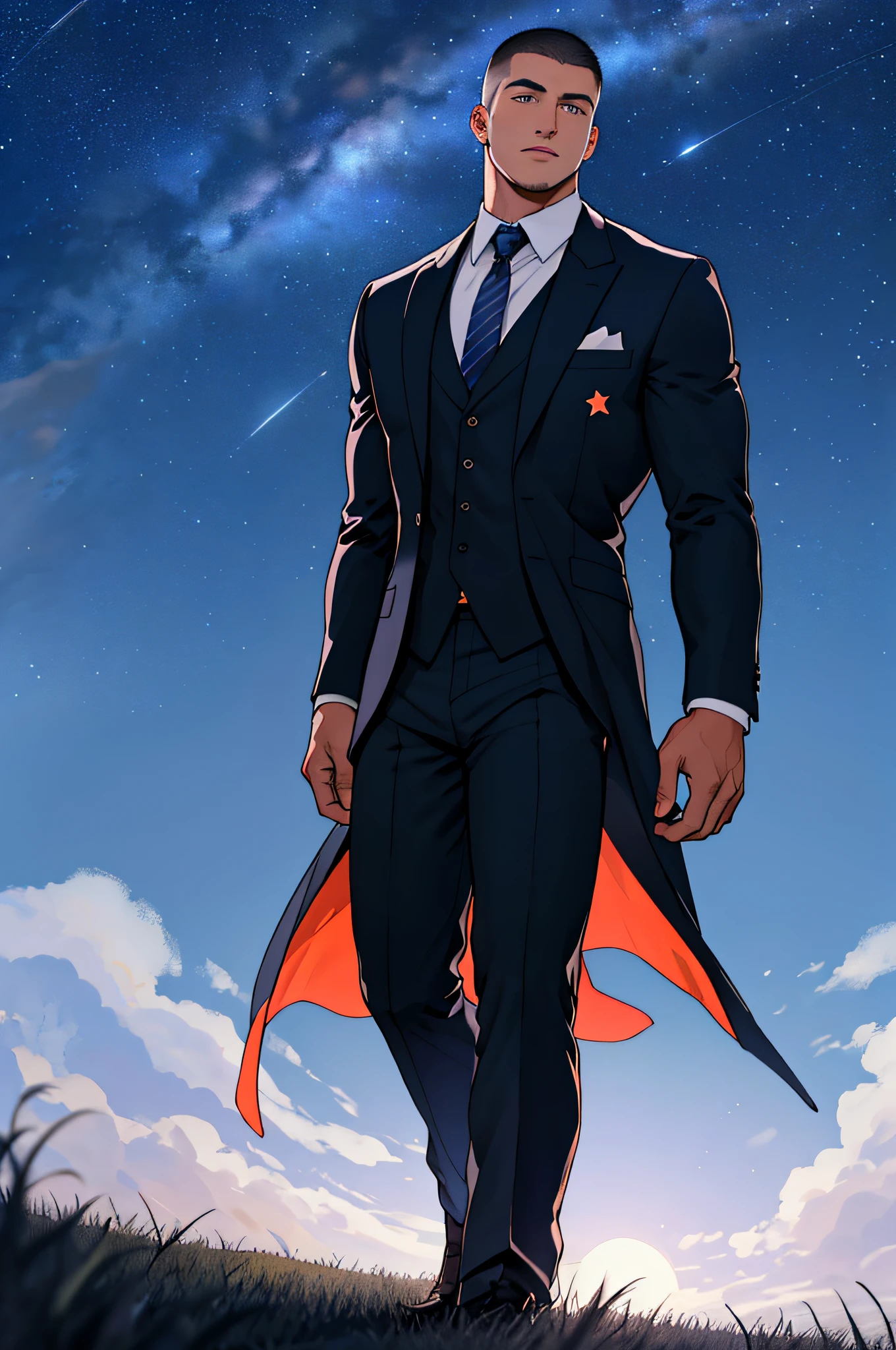 Draw a full-fledged footballer，Standing on the steppe at night，He wears a fancy suit，The man looks confident and determined，looking-down，Crew cut，full bodyesbian，Stars dot the sky，shooting from below，Big moon highlights background