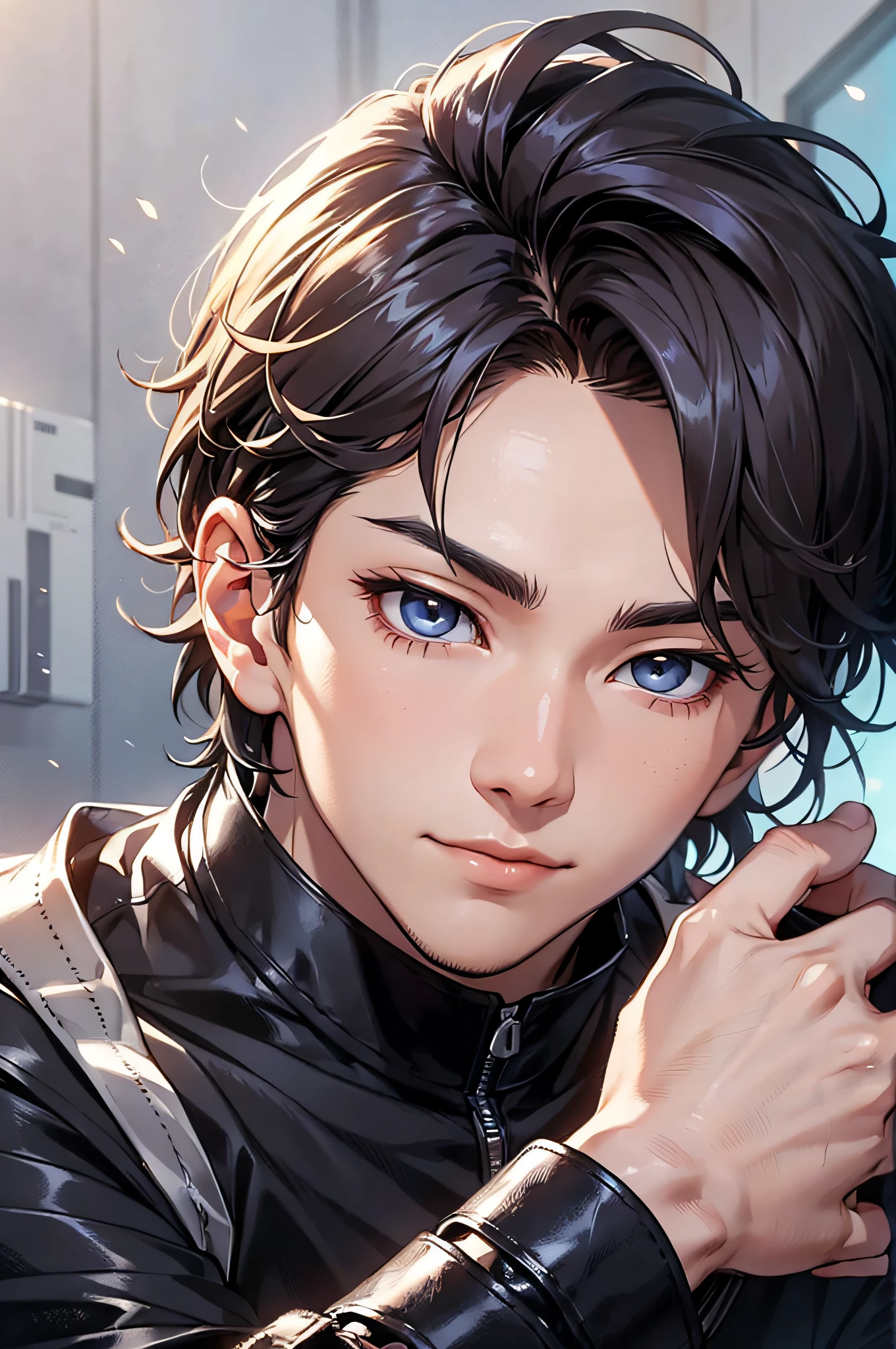(hoang lap,A high resolution,hyper-detailing,HDR),tmasterpiece,best qualtiy,A boy with,Close up,独奏,handsome,short detailed hair,whaite hair,Fine eyes and detailed face,lounge suit,Real shadows,Scissorhands gesture,cheerfulness,rays of sunshine。