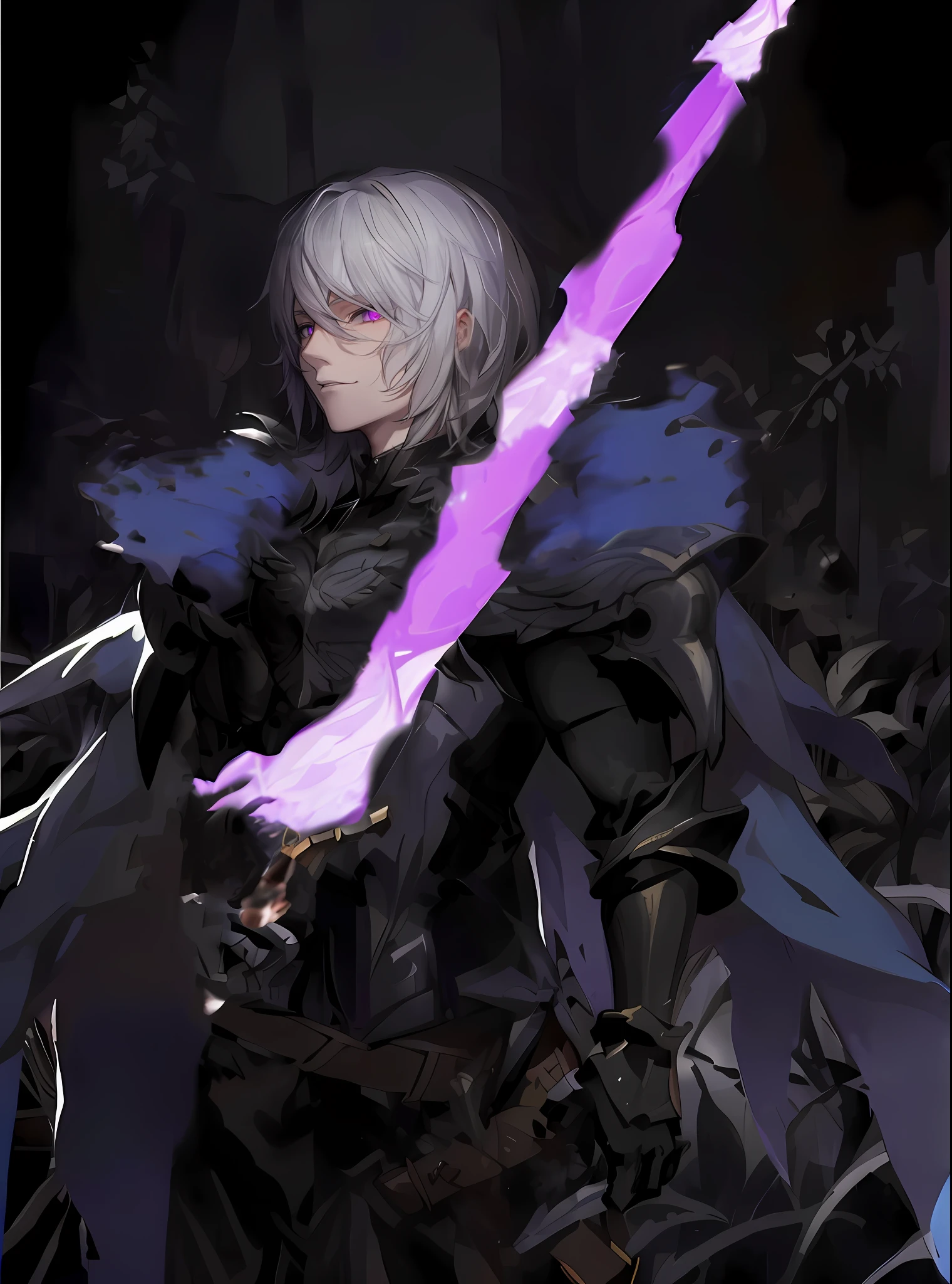 tmasterpiece,HighestQuali,Anime character with white hair holding a purple sword in a dark forest, a character portrait by Yang J, Purple flame,pixiv contest winner, auto-destructive art, Key anime art, shigenori soejima illustration, prince crown of black gears, Detailed key anime art, zerochan art, offcial art, the former demon king, young shadow mage male, 2 b, 2b