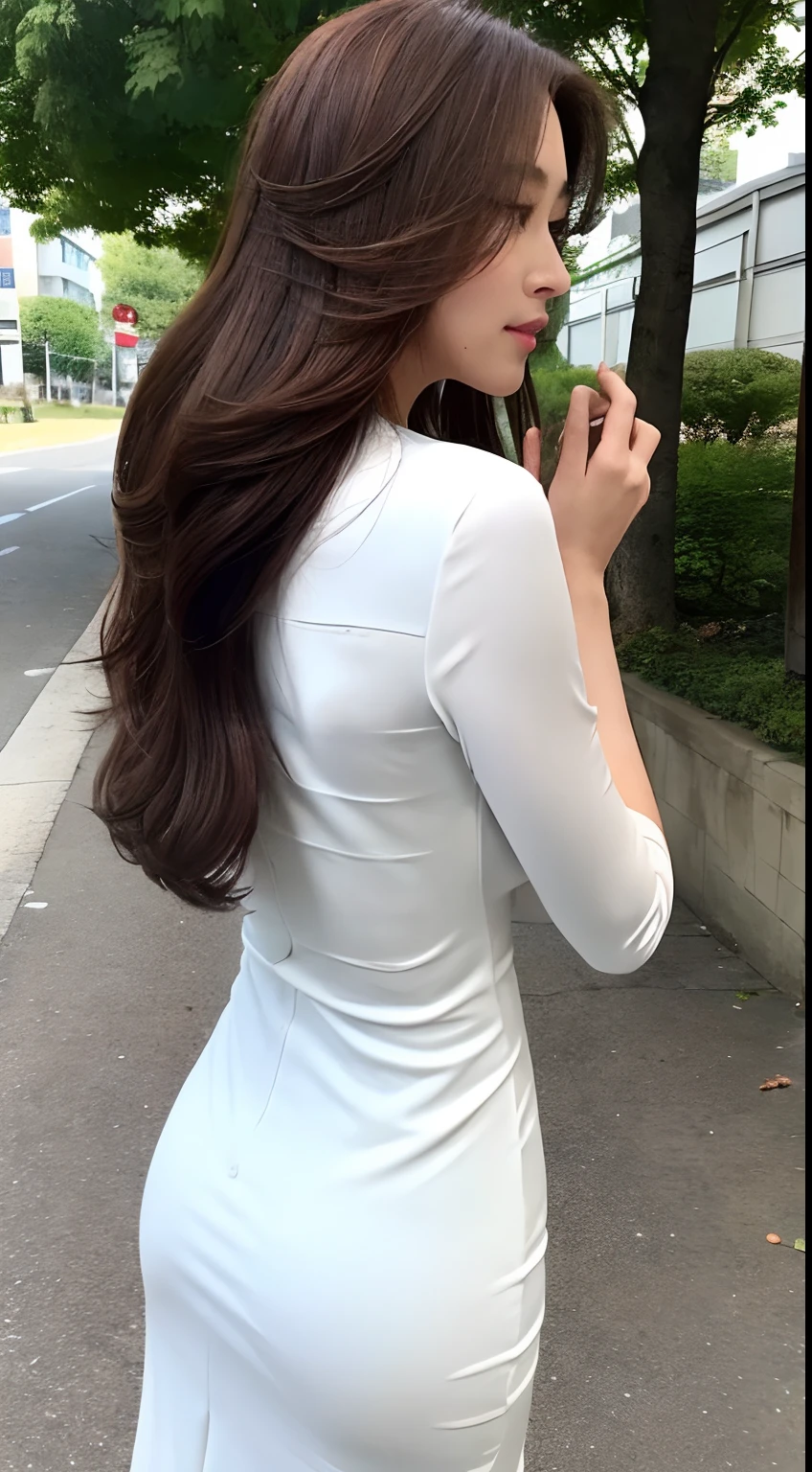 ((top-quality、8k、masterpiece: 1.3))、sharp: 1.2、Perfect body beauty: 1.4、Slender abs: 1.2、((Layered Hair Style、huge tit: 1.2))、(Bandeu dress white: 1.1 )、Street: 1.2、Highly detailed face and skin textures、A detailed eye、二重まぶた、long brown hair、Thin dress、Hands behind、to stand、Rear view