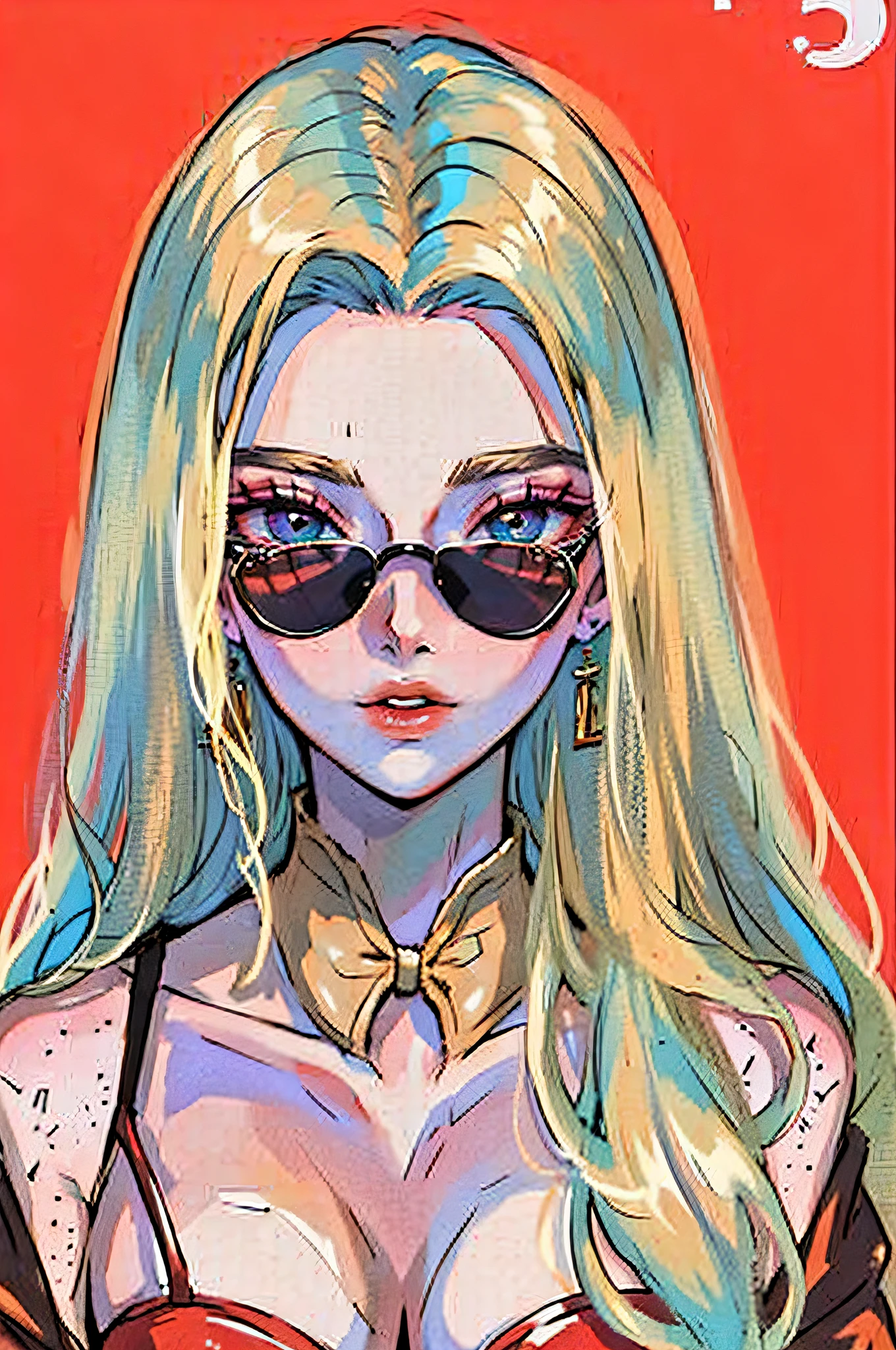(Portraits:1.4), (masterpiece:1.2, best quality:1.2), from above, upper body, 1girl, Look up, face focus, extremely detailed face, extremely detailed eyes, good-looking, make up, finger on lips, sunglasses, fashion wear, earrings, face of (anya)