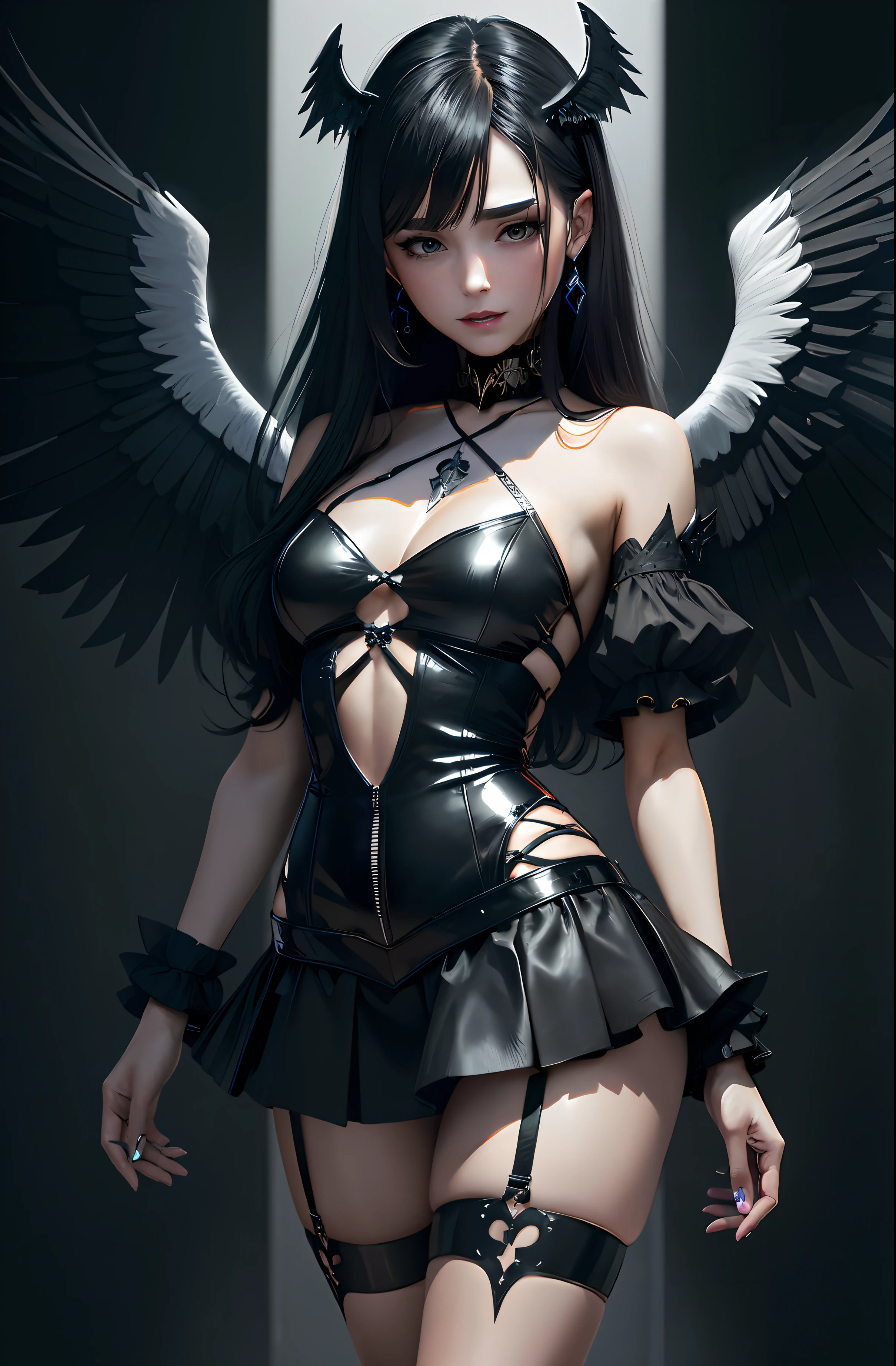 There was a woman wearing a black leather coat with wings, Black angel wings, Dark Angel, 3 D rendering character art 8 K, angel knight gothic girl, angel with black wings, full - body majestic angel, beautiful cyborg angel girl, raven winged female vampire, seductive cyberpunk dark fantasy, Fanart Meilleure ArtStation, by Yang J