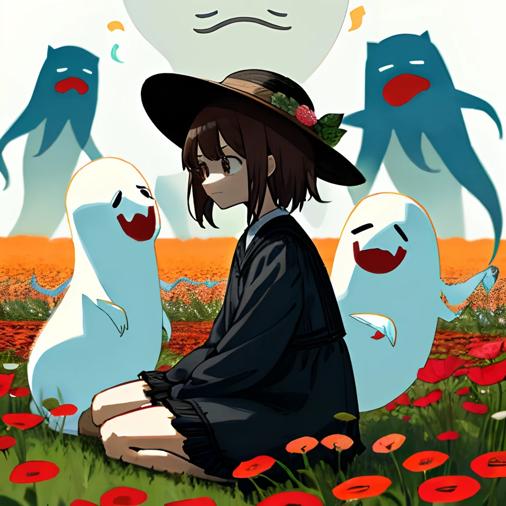 Animation of a 6-year-old girl sitting on a flower field while holding a candy in her hand and wearing a hat, and her little cat is sitting next to her, when suddenly 8 large ghost-like drop creatures appear in front of her with expressions of anger, fear, judgment, and hatred.