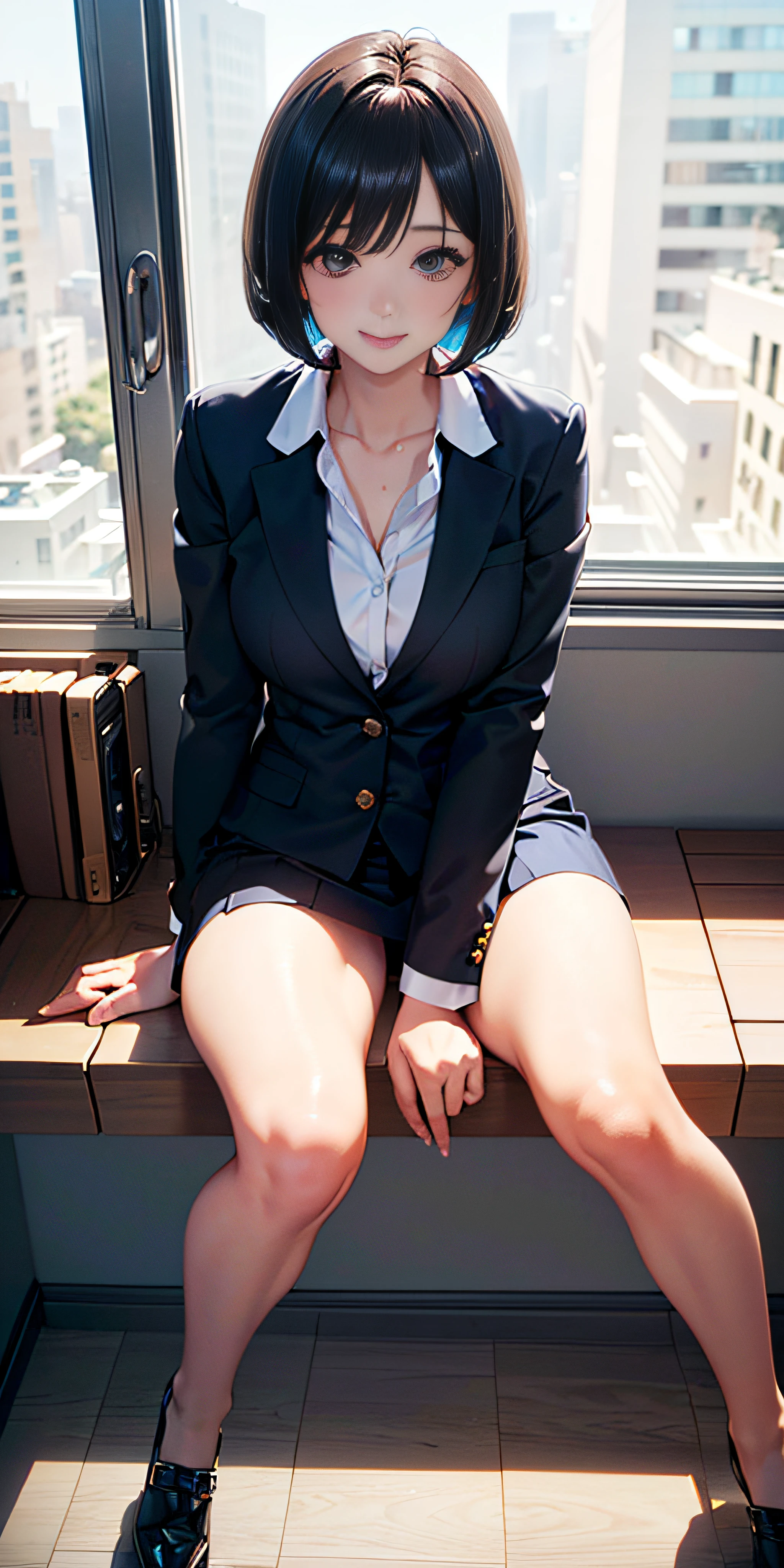 anime, estilo anime de mujer realista, (ejecutiva empresarial), 18 years old girl, (blazer gris, cinta, minifalda plegada, calcetines, uniforme de escuela privada: 1.2), aula de negocios, hermoso detalle en los ojos, (eye size: 3/4) luz en la cara, ((foto de cuerpo completo: 1.2)), luz especialmente fuerte, (ojos superiores, sonrisa sonriente: 1.2), piel brillante, (((cabello negro, cabello bob: 1.2))), (muslos gruesos), ulzzang-6500-v1.1: 0.2, bashful, (flash: 1.2), NSFW , (hinchado), ((postura seductora: 1.2, atractivo: 1.2)), (inactivo), (sentado en el aula: 1.2)), ((good anatomy: 1.2)), ((aula brillante y refrescante, fondo borroso: 1.2)), cara perfecta, cara linda y simetrica, (High Angle Shot: 1.2)s., Natural side lighting, ((8k, fotos RAW, calidad superior, obras maestras), High Definition RAW color photos professional close-up photos, (realista, fotorrealismo: 1.37), (highest quality), (mejores sombras), (mejores ilustraciones), Clavicles ((grandes)), ((erotic, sexy, ultra-high-resolution, 8K HD Unified CG Wallpapers, Physical representation, movie lighting), Canon EOS R50 camera 50mm lens