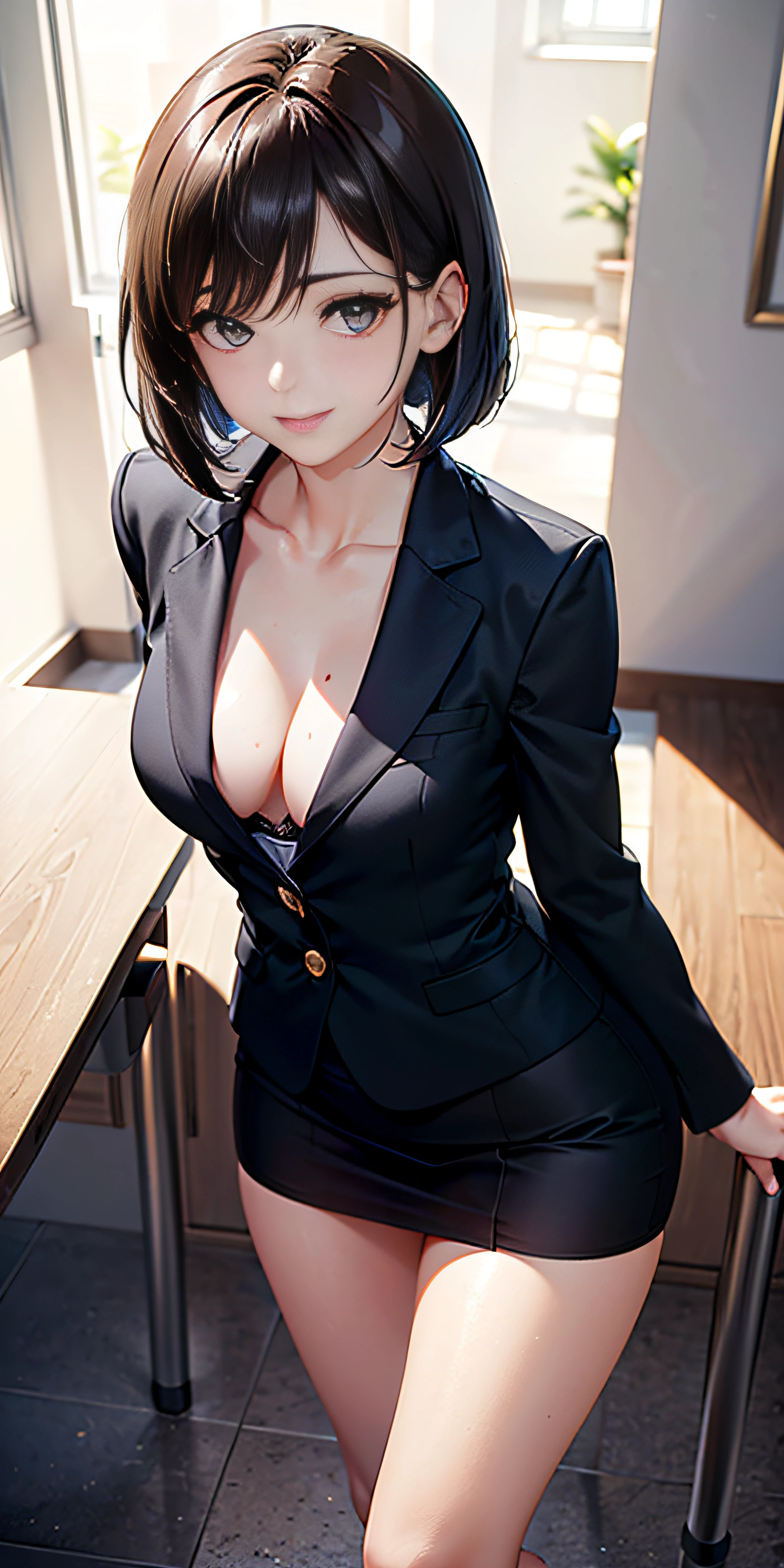 anime, estilo anime de mujer realista, (ejecutiva empresarial), 18 years old girl, (blazer gris, cinta, minifalda plegada, calcetines, uniforme de escuela privada: 1.2), aula de negocios, hermoso detalle en los ojos, (eye size: 3/4) luz en la cara, ((foto de cuerpo completo: 1.2)), luz especialmente fuerte, (ojos superiores, sonrisa sonriente: 1.2), piel brillante, (((cabello negro, cabello bob: 1.2))), (muslos gruesos), ulzzang-6500-v1.1: 0.2, bashful, (flash: 1.2), NSFW , (hinchado), ((postura seductora: 1.2, atractivo: 1.2)), (inactivo), (sentado en el aula: 1.2)), ((good anatomy: 1.2)), ((aula brillante y refrescante, fondo borroso: 1.2)), cara perfecta, cara linda y simetrica, (High Angle Shot: 1.2)s., Natural side lighting, ((8k, fotos RAW, calidad superior, obras maestras), High Definition RAW color photos professional close-up photos, (realista, fotorrealismo: 1.37), (highest quality), (mejores sombras), (mejores ilustraciones), Clavicles ((grandes)), ((erotic, sexy, ultra-high-resolution, 8K HD Unified CG Wallpapers, Physical representation, movie lighting), Canon EOS R50 camera 50mm lens