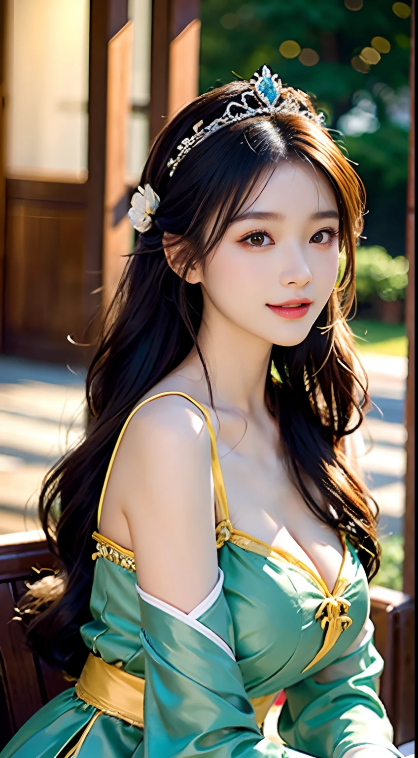 a big breast chinese girl, Cute face, cheerfulness, Long hair, Impressive hairstyle, wearing tiara，A pair of bright and reverent eyes，The eyebrows are slender and elegant，The slightly curved brow shape exudes confidence and charm。Her nose is small and three-dimensional，It matches the shape of her face perfectly。Her lips were rosy and plump，The corners of his slightly upturned mouth revealed a sweet smile， traditionalcostumes，The color of the costume is random，wearing jewellery,  黑The eye, Above Knees，（The breasts are large but not exposed：1.1），（A high resolution：1.3），random hair style， Super fine face and eyes， Hit in a random pose，Anatomically normal，realisticlying,exterior,strong rimlight，（highdetailskin：1.2），8K，hyper HD，high high quality，Background bokeh，（Hide your hands：1.3）（The hand is not in the shot：1.5）
