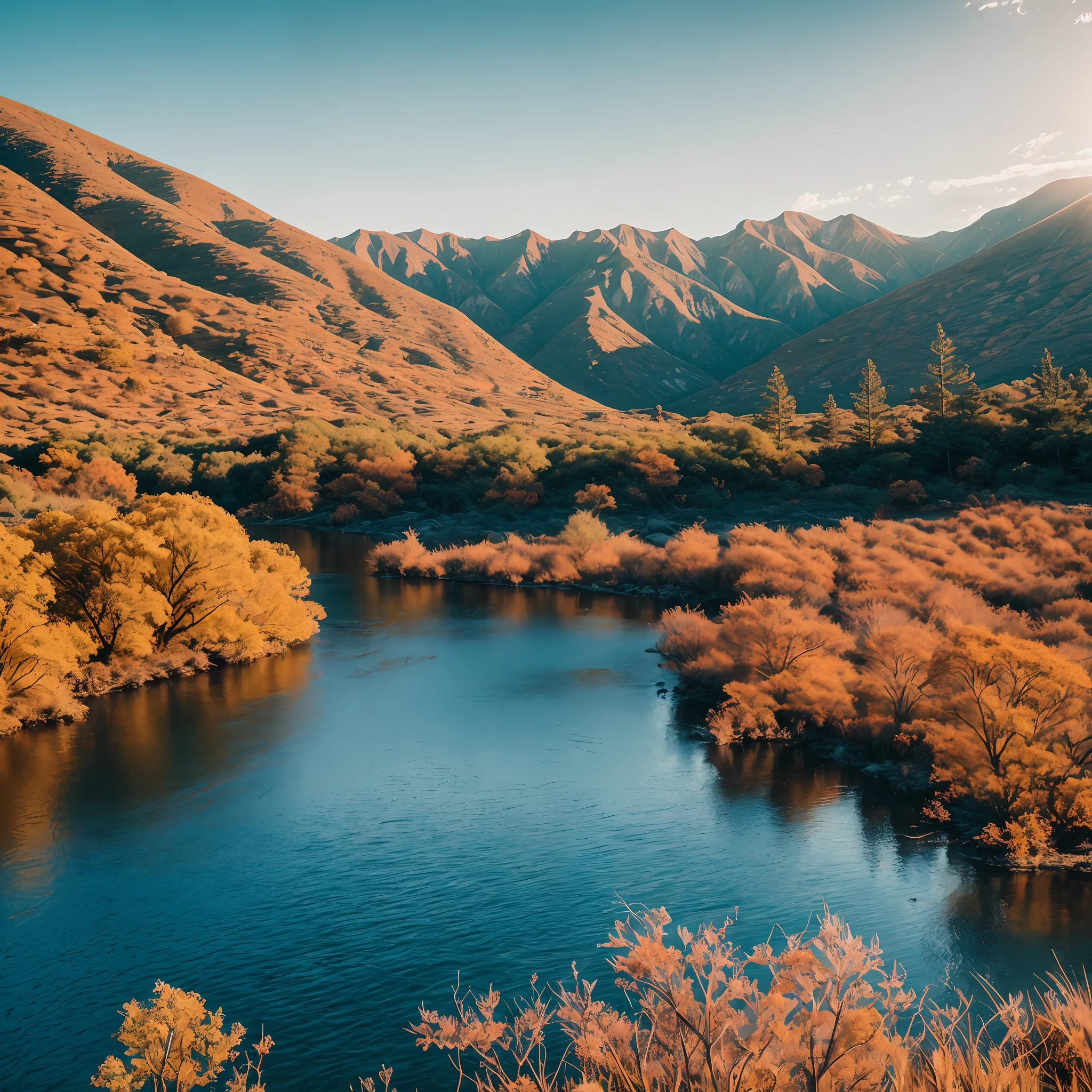 RAW photos of landscapes, 超详细信息, Photorealistic, Ultra Realistic Photo, 8K UHD, Digital SLR, Soft lighting, High quality, filmgrain, Fujifilm XT3, (Masterpiece)Teal and orange photography,8K UHD