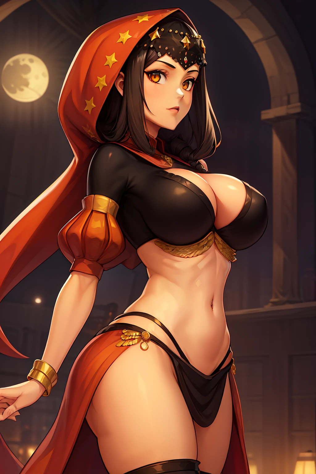 ((extreme detail)),(ultra-detailed), extremely detailed CG unity 8k wallpaper, osira, red hood, crop top, puffy sleeves, star headdress, long skirt, vertical-striped stockings, cowboy shot, night sky, moon, legend of queen opala, 1girl, osira (character), black hair, darkskinned female, yellow eyes, blunt bangs, big breasts,