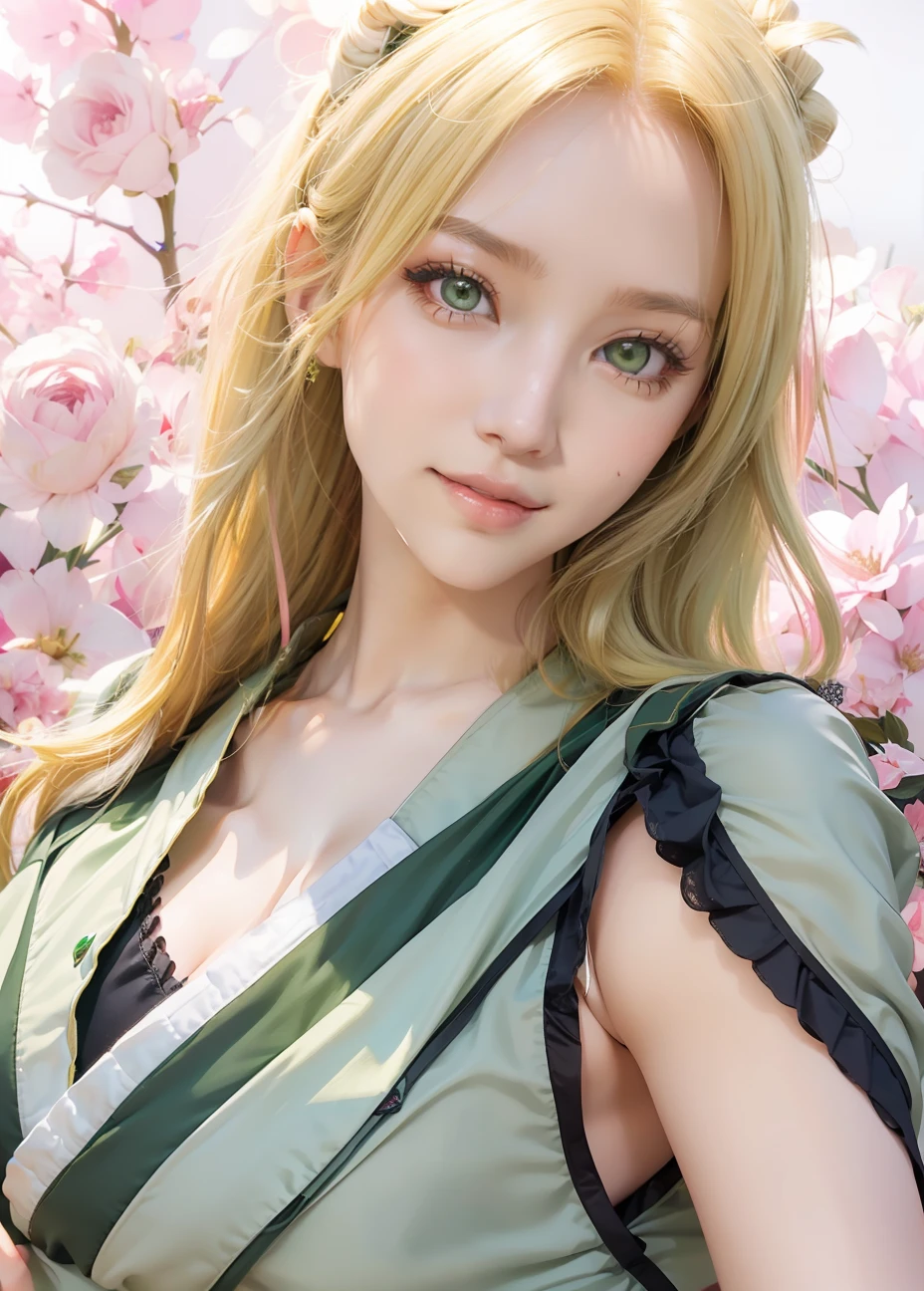 1girl, tsunade, long hair, sexy dress, yellow hair, green eyes, smile, beautiful, green clothes, very big breast, sexy clothes, outdoor background, ultra detail, realistic
