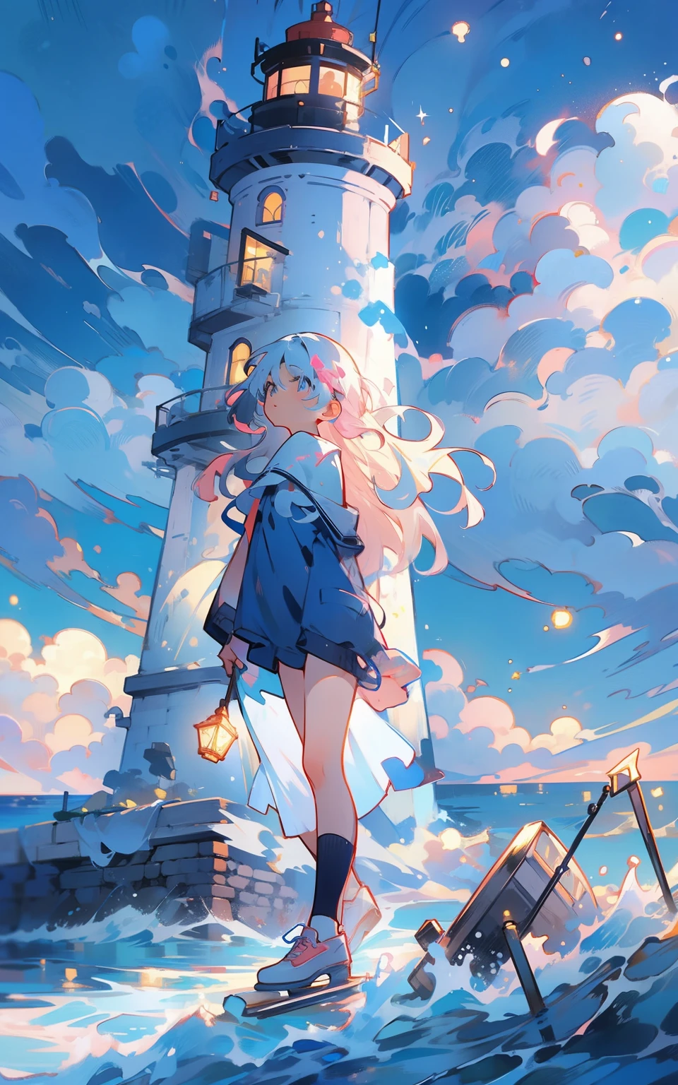 9.The character:Polaris stands on the lighthouse,The dark sea is illuminated in the distance。 appearance:Light blue shoulder-length hair,Dark blue pupils,Wears a blue outfit,Mixed with a little warm pink。 nature:Lively and welcoming,Helpful。 Hobbies:photography of,skiing,skating,ice - carving。 Labels:Keeper of the lighthouse。 scene:The lighthouse stands high over the rugged coastline,Polaris stands at the top of the tower,Looking out over the vast ocean。The beam of the lighthouse illuminates the sailing ships in the dark,Show them the way