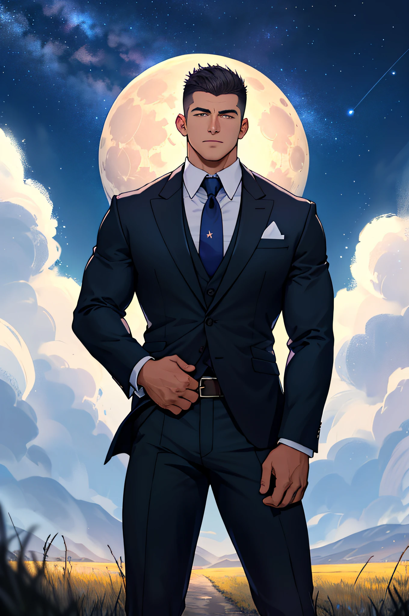 Draw a full-fledged footballer,Standing on the steppe at night,He wears a fancy suit,The man looks confident and determined,looking-down,Crew cut,full bodyesbian,Stars dot the sky,shooting from below,Big moon highlights background