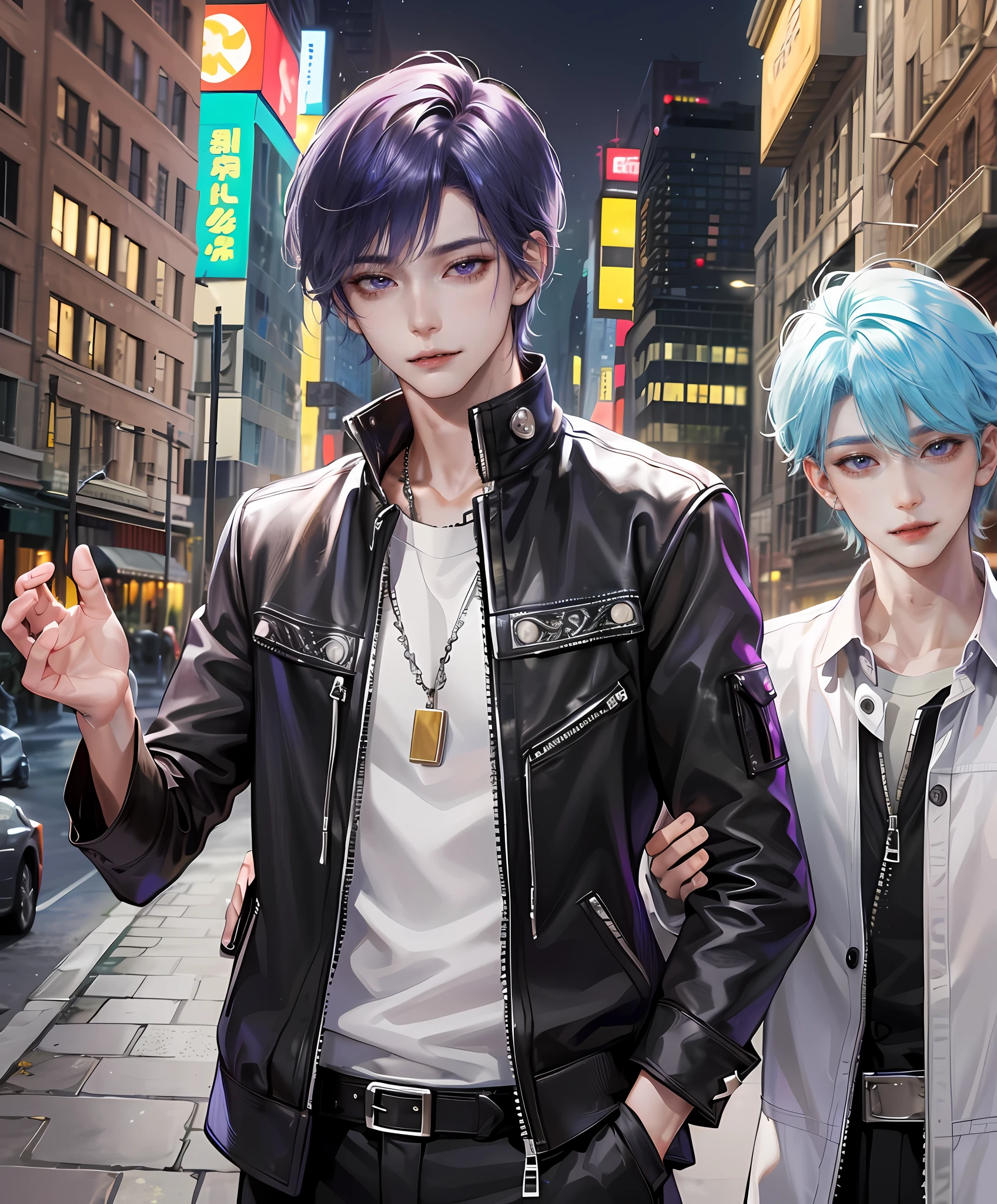 masterpiece, top-quality, 2Others, Male couple, 1 man and 1,, Adults, Height difference, different fashion, different color, finely eye and detailed face, intricate detailes, Casual clothing, Oversized shirt, Modern urban streets, A smile, Happiness, tenderness, queers, high-level image quality、 Two beautiful men、tall、The upper part of the body、nightfall、nighttime scene、𝓡𝓸𝓶𝓪𝓷𝓽𝓲𝓬、Korean Male, Idol Photos, k pop, Professional Photos, Vampires, Korean fashion in black and white, Fedoman with necklace, inspired by Sim Sa-jeong, androgynous vampire, :9 detailed face: 8, extra detailed face, detailed punk hair, ((eyes are brown)) baggy eyes, Seductive. Highly detailed, semi realistic anime, Vampires, hyperrealistic , delicate androgynous prince, imvu, short hair above the ears, Man with short hair, Purple-haired man with a glaring expression and a man with light blue hair with a gentle expression, With a short-haired man with bright purple hair, Man with light blue hair