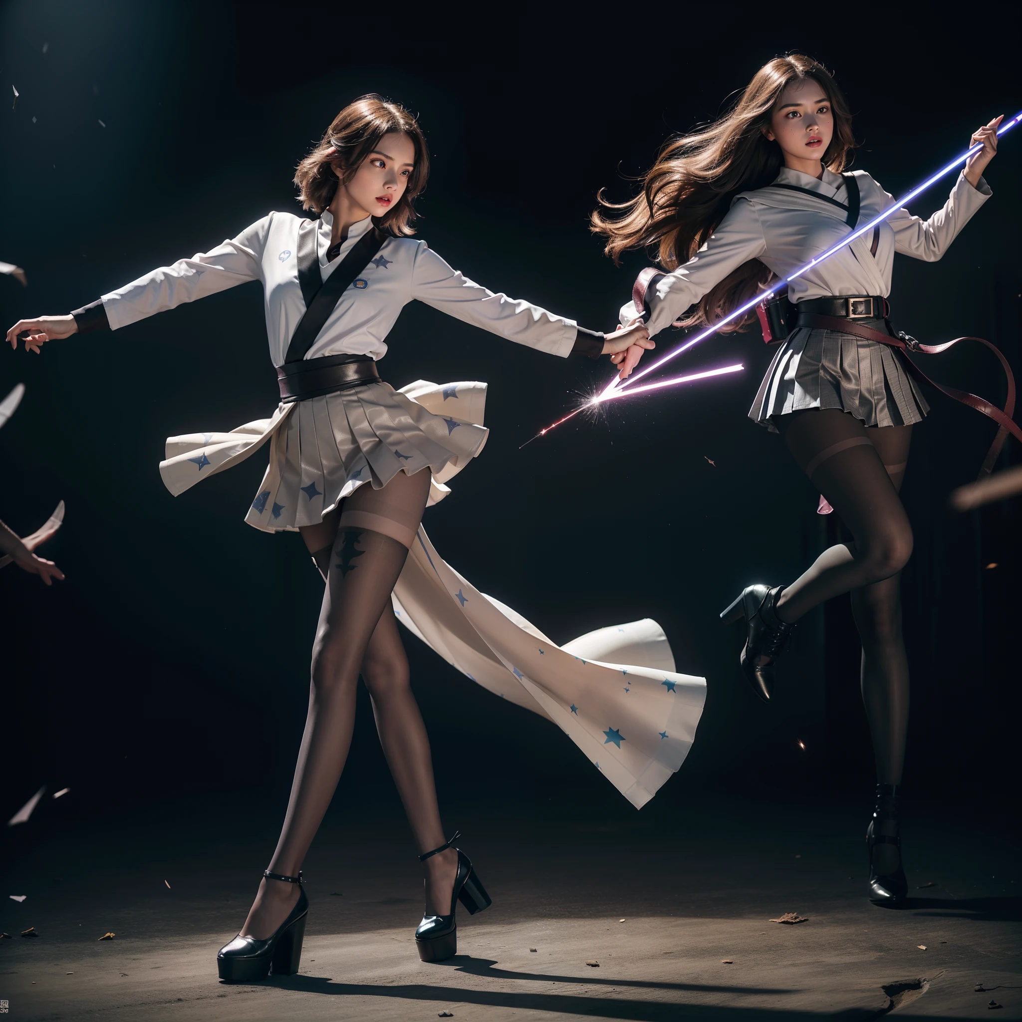 (full body:1.5)，(1girl:1.3),(view the viewer:1.4)，(anatomy correct:1.45),(Dancing on high mountain peaks:1.3),(very thick printed pantyhose:1.4),( A woman Wear printed fantasy Star Wars Set JK student uniform pleated skirt and uniform pointed high-heeled leather shoes  :1.35)， (Light particle effect:1.3),(In pink | amarelo | blue colors| green color |red color | white colors| black in color| purplish color| greys| Beige| Flesh color 1.4)，(Glowing eyes:1.3),(Large amplitude action: 1.3)，(Accurate and perfect face:1.4),hyper HD, Ray traching, reflective light，structurally correct, Award-Awarded, high detail, lighten shade contrast, Face lighting，cinmatic lighting, tmasterpiece, super detailing, high quality, high detail, best quality, 16k，High contrast,