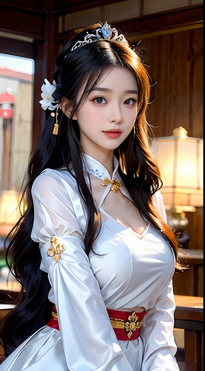 a big breast chinese girl, Cute face, cheerfulness, Long hair, Impressive hairstyle, wearing tiara，A pair of bright and reverent eyes，The eyebrows are slender and elegant，The slightly curved brow shape exudes confidence and charm。Her nose is small and three-dimensional，It matches the shape of her face perfectly。Her lips were rosy and plump，The corners of his slightly upturned mouth revealed a sweet smile， traditionalcostumes，The color of the costume is random，wearing jewellery,  黑The eye, Above Knees，（The breasts are large but not exposed：1.1），（A high resolution：1.3），random hair style， Super fine face and eyes， Hit in a random pose，Anatomically normal，realisticlying,exterior,strong rimlight，（highdetailskin：1.2），8K，hyper HD，high high quality，Background bokeh，（Hide your hands：1.3）（The hand is not in the shot：1.5）