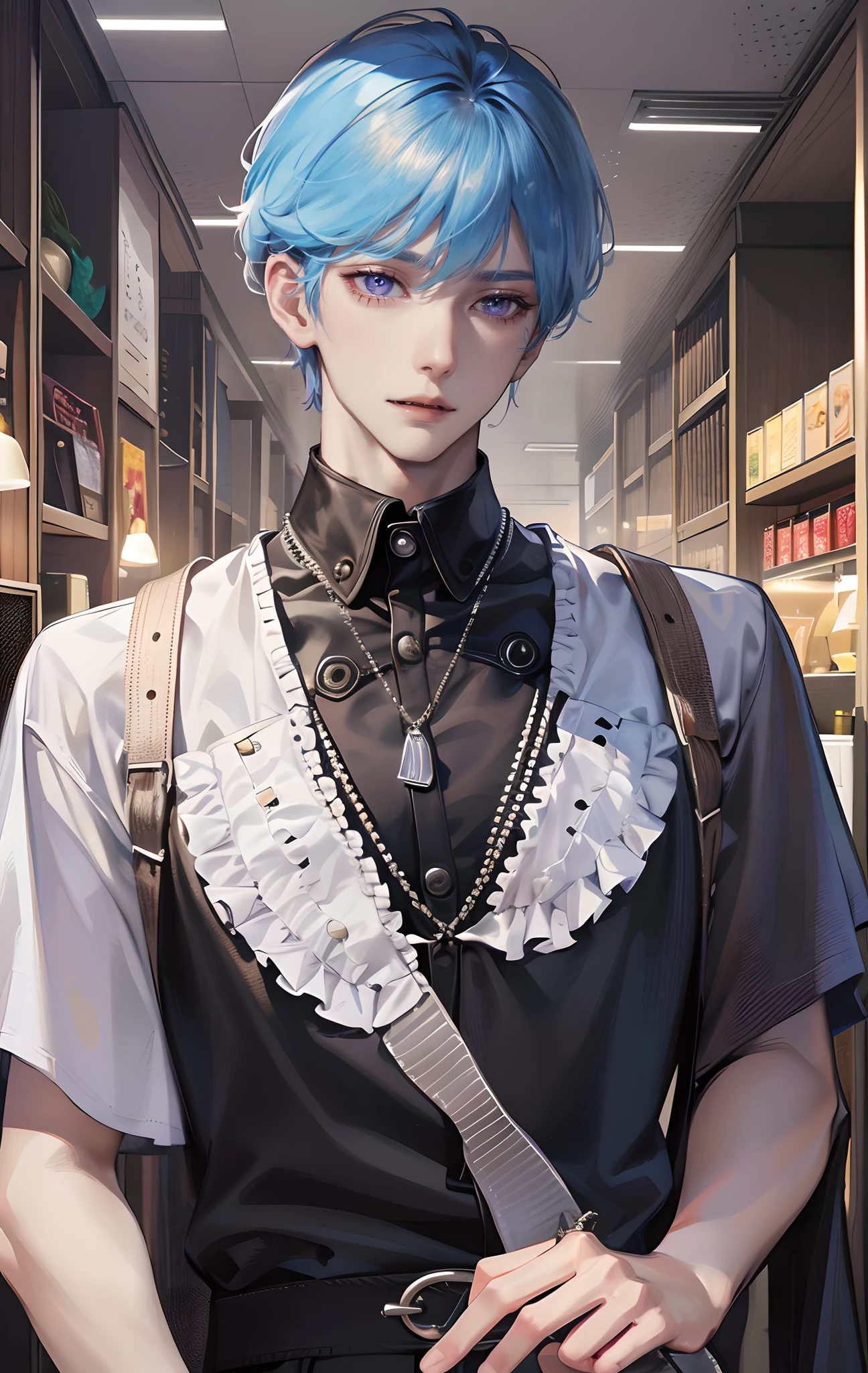 masterpiece, top-quality, 2Others, Male couple, 1 man and 1,, Adults, Height difference, different fashion, different color, finely eye and detailed face, intricate detailes, Casual clothing, Oversized shirt, Modern urban streets, A smile, Happiness, tenderness, queers, high-level image quality、 Two beautiful men、tall、The upper part of the body、nightfall、nighttime scene、𝓡𝓸𝓶𝓪𝓷𝓽𝓲𝓬、Korean Male, Idol Photos, k pop, Professional Photos, Vampires, Korean fashion in black and white, Fedoman with necklace, inspired by Sim Sa-jeong, androgynous vampire, :9 detailed face: 8, extra detailed face, detailed punk hair, ((eyes are brown)) baggy eyes, Seductive. Highly detailed, semi realistic anime, Vampires, hyperrealistic teen, delicate androgynous prince, imvu, short hair above the ears, Man with short hair, Purple-haired man with a glaring expression and a man with light blue hair with a gentle expression, With a short-haired man with bright purple hair, Man with light blue hair