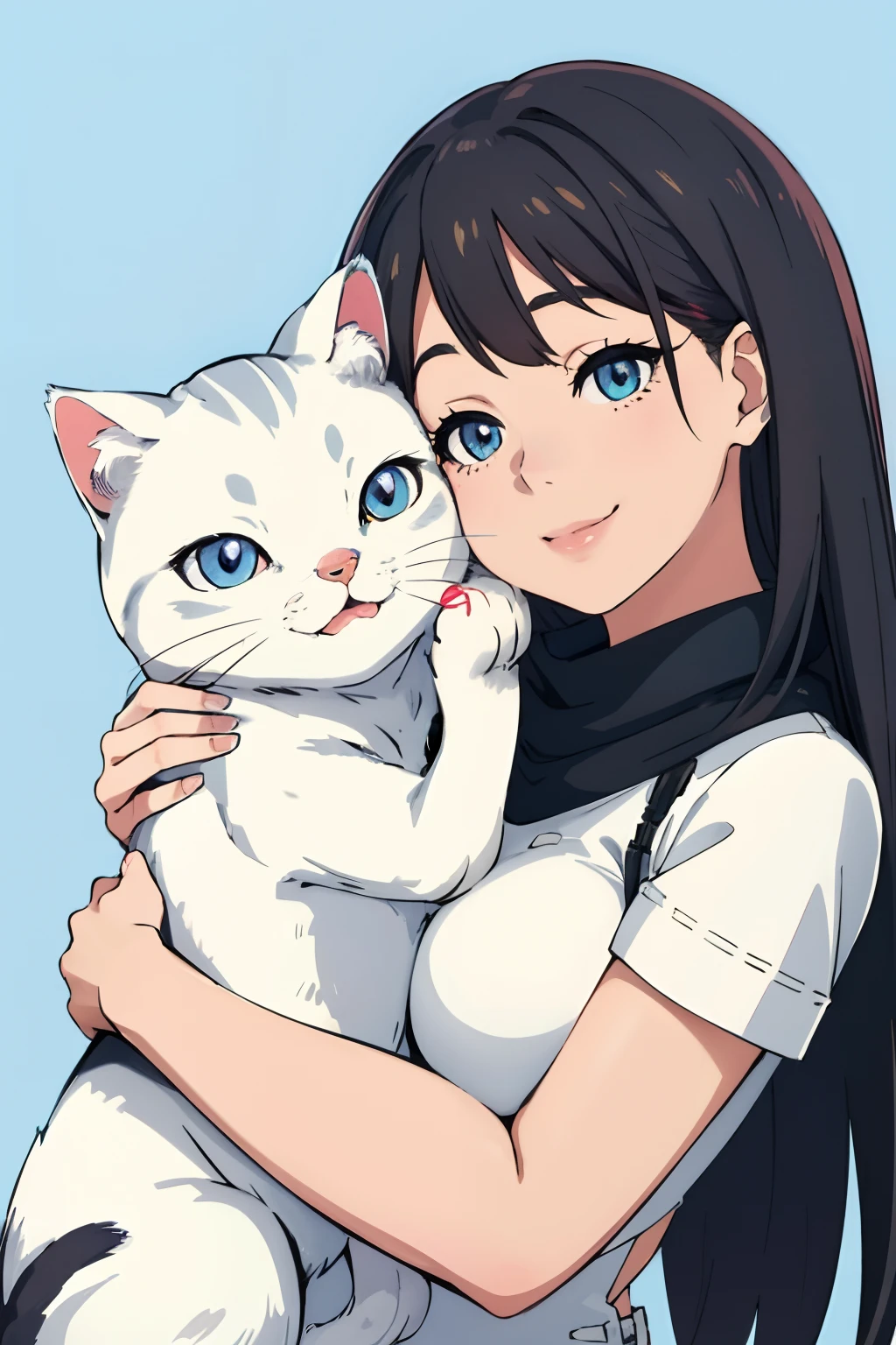 Cat being held by a woman, Big cheeks hugging a white cat, Happy smile,  Very beautiful cute girl, smiley, 1 8 I, 2 0 I, 20yr old, kissing together cutely, Cute cat, cute cat photo,Vibrant colors ,Natural lighting ,nffsw,Detailed face, (Perfect eyes:1.1) ,(Photorealistic:1.1), 8K UHD, Simple background,Shoko Nakagawa,Shokotan,