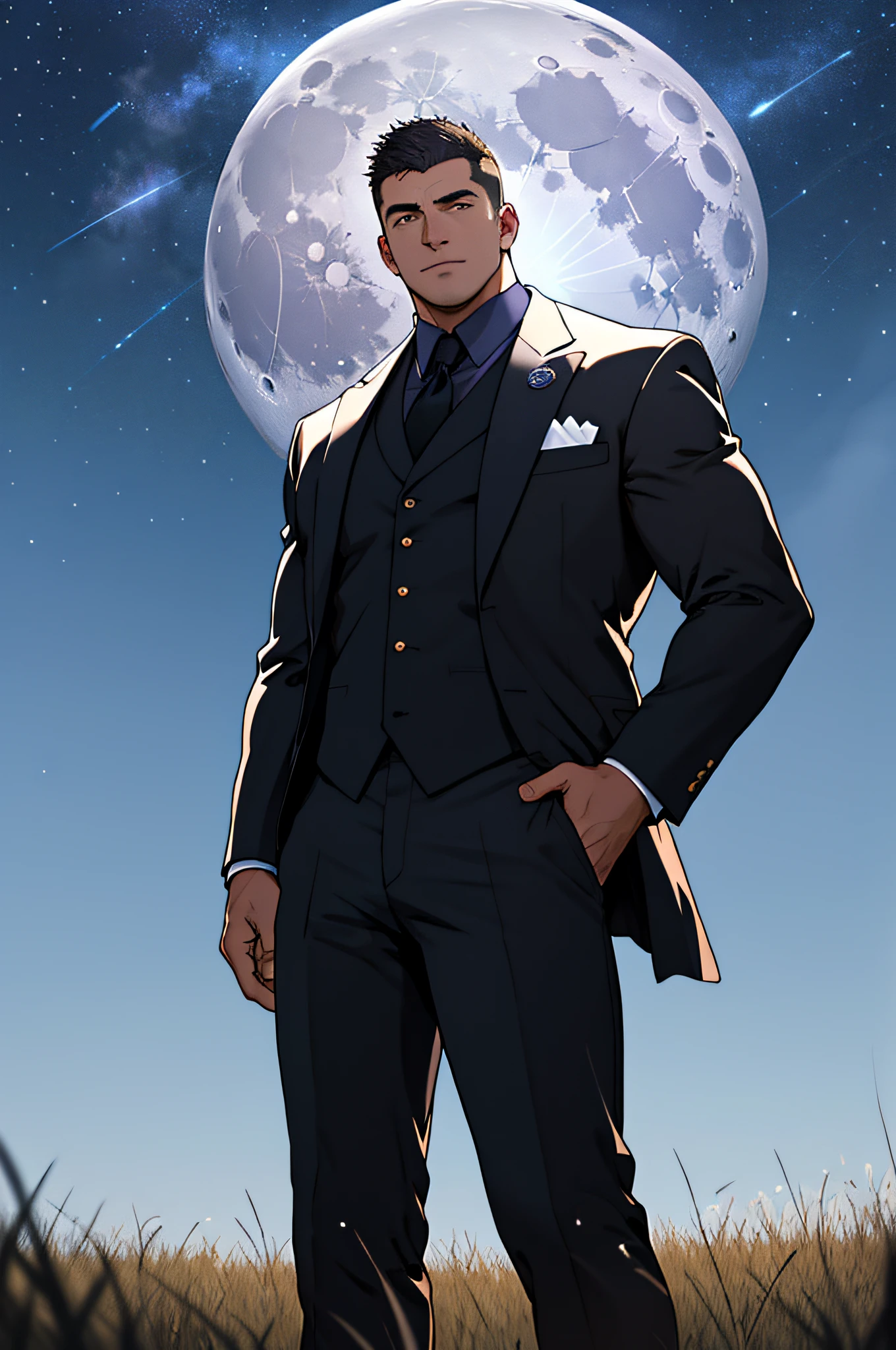Draw a full-fledged footballer,Standing on the steppe at night,He wears a fancy suit,The man looks confident and determined,looking-down,Crew cut,full bodyesbian,Stars dot the sky,shooting from below,Big moon highlights background