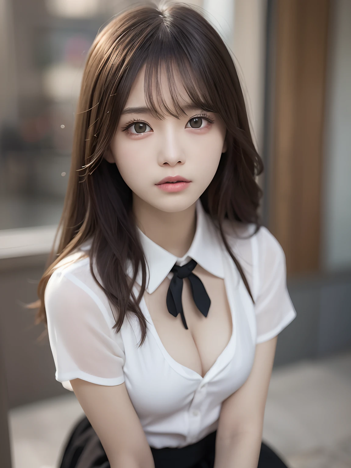 tmasterpiece,top-quality,offcial art,Highly detailed CG Unity 8K wallpapers,Like girls,very delicate beautiful,超A high resolution,(realisticlying:1.4),Golden hour lighting,(The upper part of the body),(Platinum shorthair:0.8),(puffy eye),looking at viewert,facingfront,ssmile,JK skirt,small busts,white dresses,Shirt boosts long black hair,(jiayi:1.5), closeup cleavage, tmasterpiece, best qualtiy, RAW photogr, realisticlying, the face, Incredibly Ridiculous res, depth of fields, A high resolution, ultra - detailed, finedetail, The is very detailed, extremely detailed eyes and face, Sharp pupils, realistic pupil, tack sharp focus, cinmatic lighting