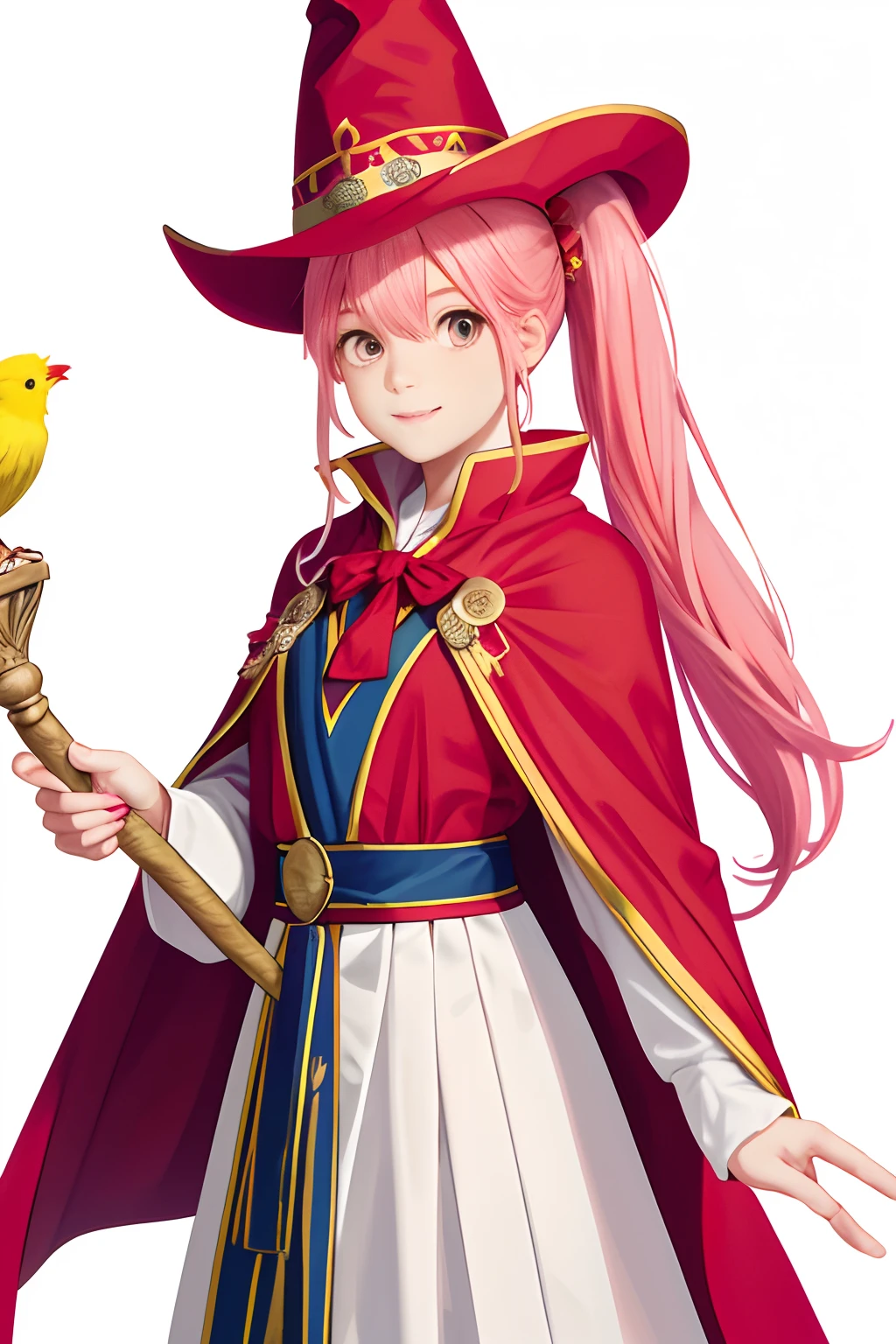 Girl with pink hair combed into double ponytail,Wearing a big wizard hat,Wearing a red cape,The staff is a yellow bird standing,White background avatar 4k HD painting