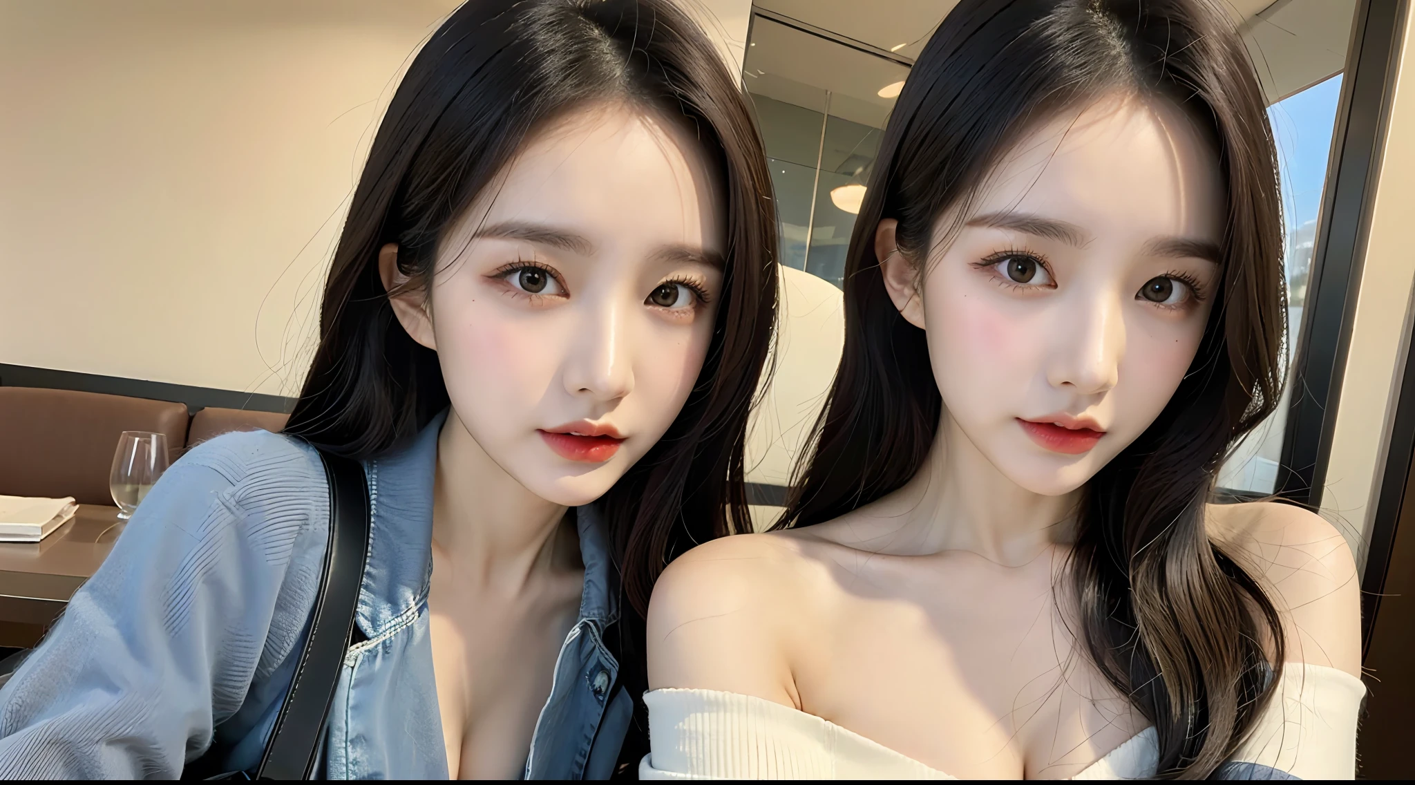 (High-resolution 8K raw photos are realistic,best qualtiy)，Fashion trendy beautiful and charming woman，gentle and charming Chinese beautiful woman，Korea,Kpop idol，delicate and sexy collarbones，charming oval face，二重まぶた，Ingenious[peaches]flower eyes，redish pink lips，small-nose，exposed bare shoulders，focus at face，closeup of face，Hyper-detailing，Blue off-the-shoulder long-sleeved top，White hip wrapped skirt，Light red hair，(cleavage，A half body，Close-up，Solo)，Lace，lacing，head gear， Fresh and impressive， natural color，(pedestrian street，cbd,rays of sunshine，outside，Stone table，LV shoulder bag for women，cellular phone)，Front light