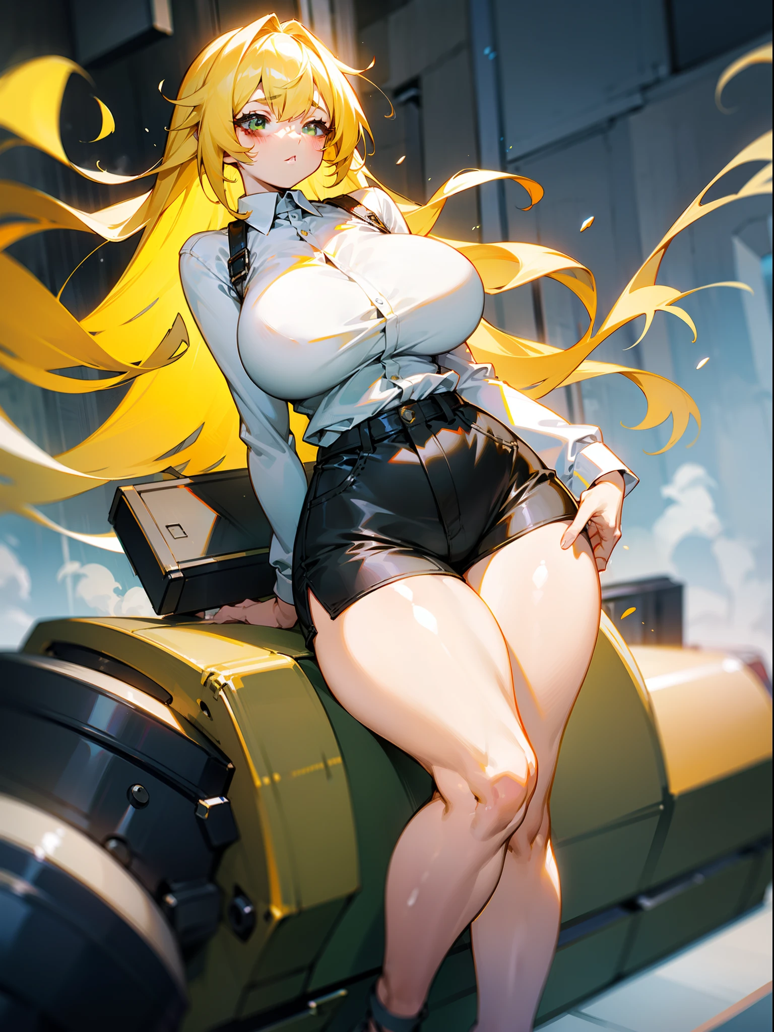 Beautiful girl with yellow hair,The breasts are extremely large,Super big breasts,爆乳,The legs are extremely thick,The thighs are extremely thick,Color gas,Wrumble,drenched all over the body,The white shirt is burst with breasts,Black shorts