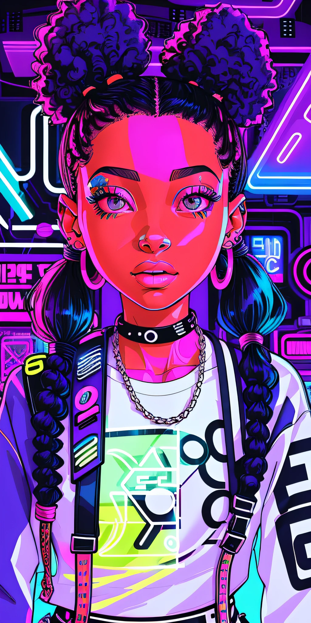 A girl with pigtails and piercings stands in front of a neon sign, in style of digital illustration, trending on artstration, afrofuturist, afro futuristic, afro futurism, afrofuturism anime, Cartoon Art Style, stunning art style, Colorful illustration, portrait willow smith, hip hop vaporwave, afro futurism, epic art style, Cartoon Art Style