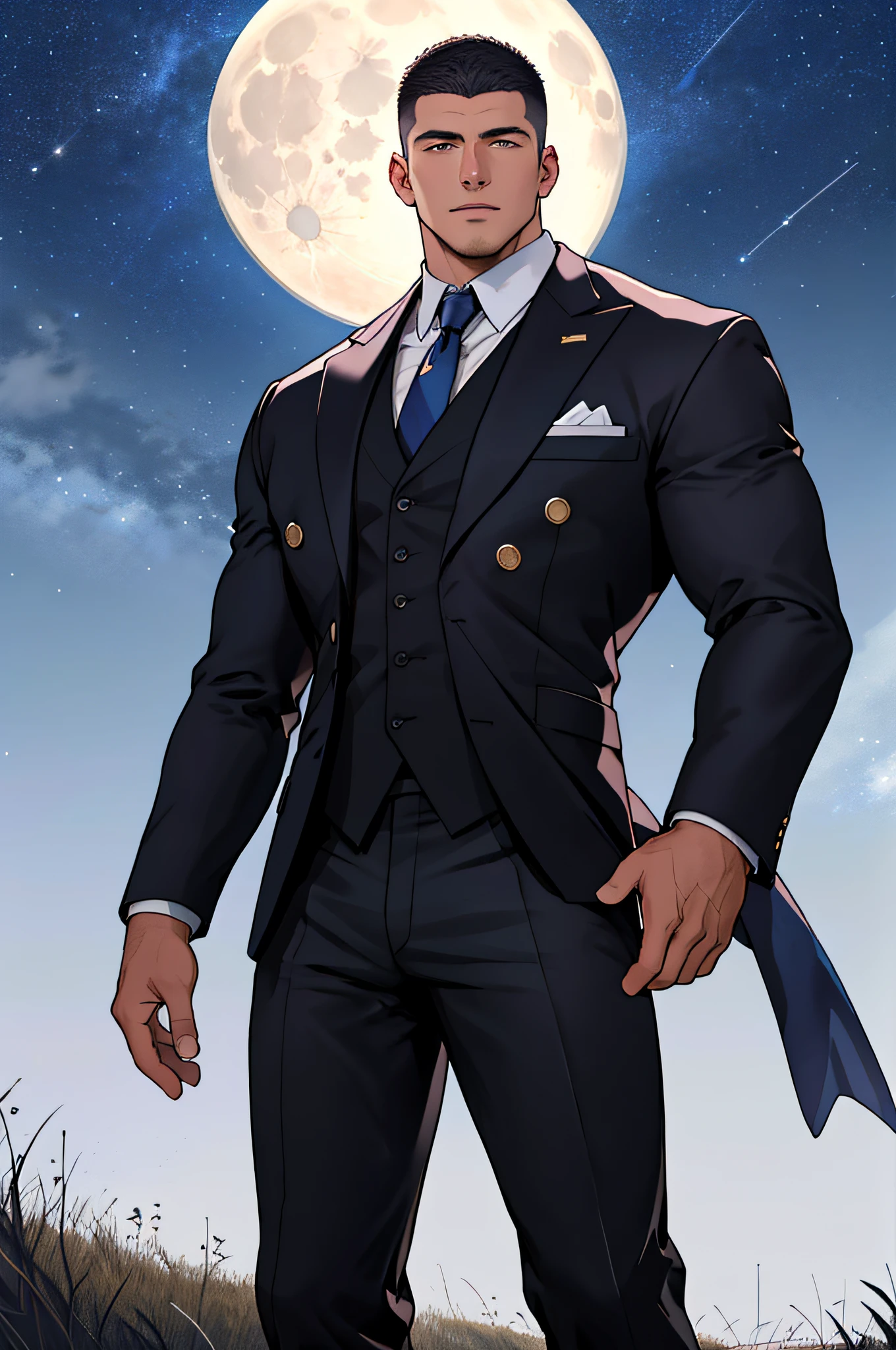 Draw a full-fledged footballer,Standing on the steppe at night,He wears a high-end suit,The man looks confident and determined,looking-down,Crew cut,full bodyesbian,Stars dot the sky,shooting from below,Big moon highlights background