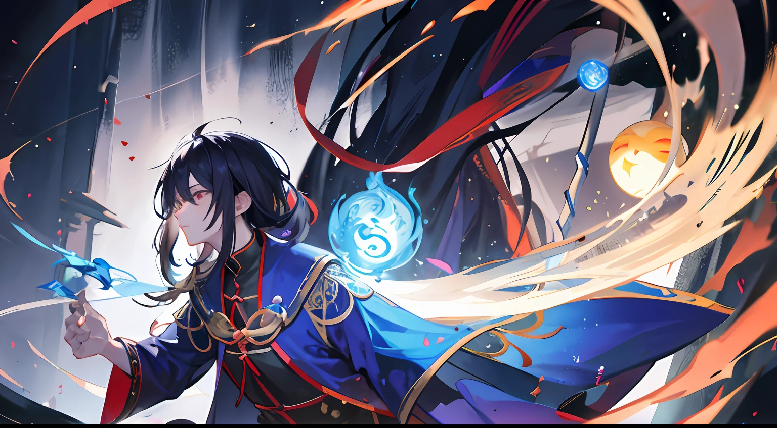Taoist super spells are magical,Surrounded by mysterious light,Flickering spells and candle light and shadows,The walls exude an ancient atmosphere,The Taoist priest holds a magic weapon in his hand,Focus on performing the transcendent ritual。