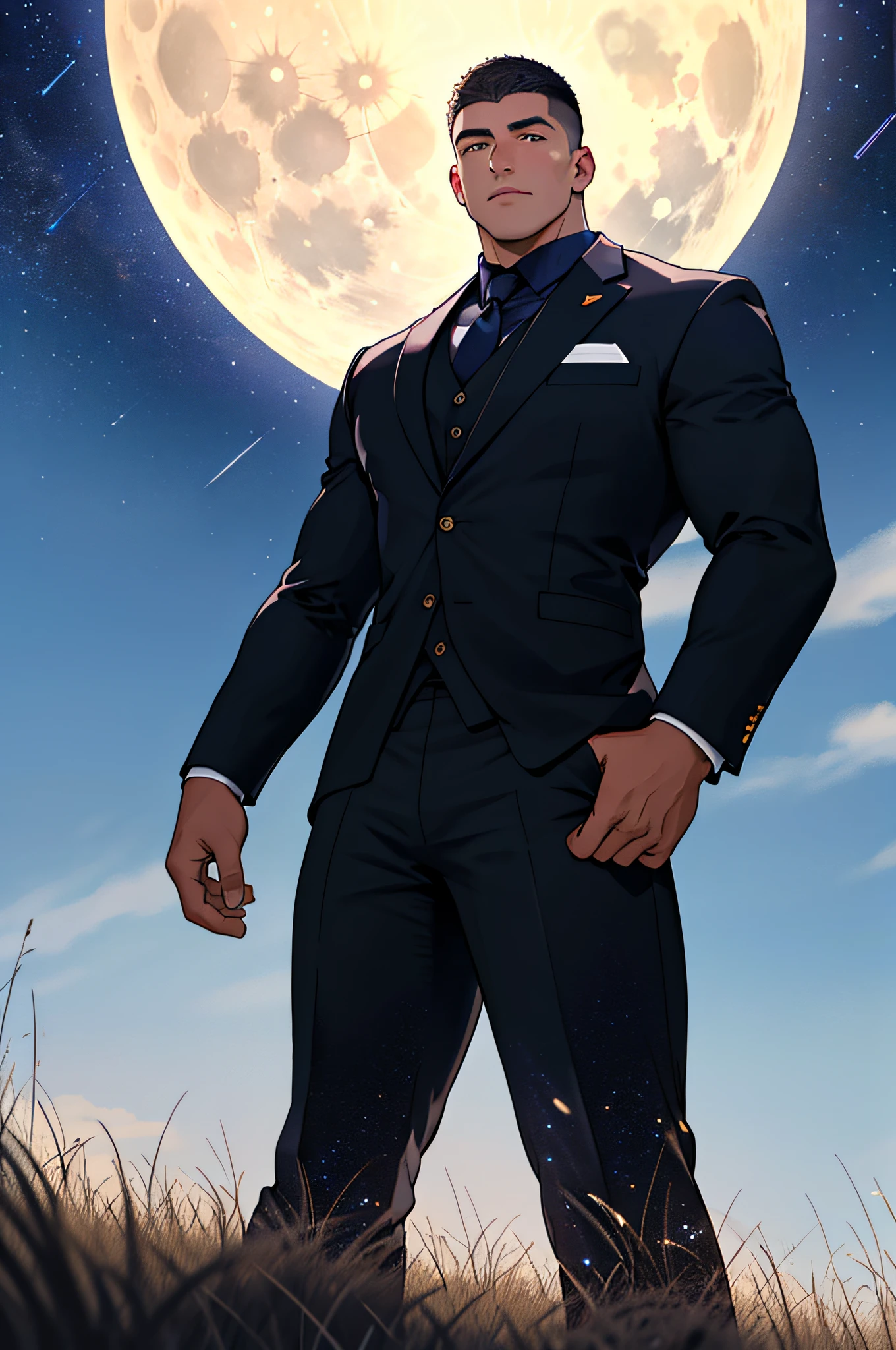 Draw a full-fledged footballer，Standing on the steppe at night，He wears an expensive suit，The man looks confident and determined，looking-down，Crew cut，full bodyesbian，Stars dot the sky，shooting from below，Big moon highlights background