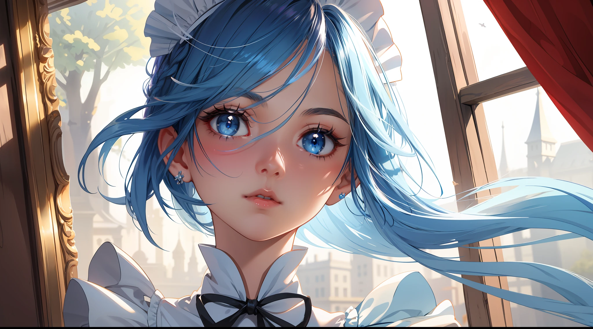 (best quality:1.1), (masterpiece:1.2), focused upper body, high quality shadow, beautiful detailed, beautiful face, detailed eyes, depth of field, highres, best shadow, best illumination, 1girl, light blue hair, blue eyes, focused bust, maid outfit
