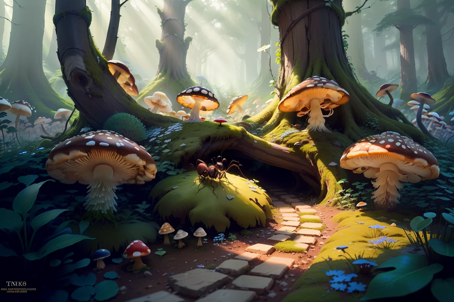 (Ants) crawl beside (mushrooms), small (stones) and (leaves) lie nearby, (moss) grows on the (soil), with (sunlight) shining through the (branches) and creating dappled patterns on the ground. Under a (microscopic lens), ,tk-char, multiple views of the same crowd scene,award-winning graphics,final fantasy, Masterpiece, highly detailed, 8k, rtx, Unreal Engine,scene concept art