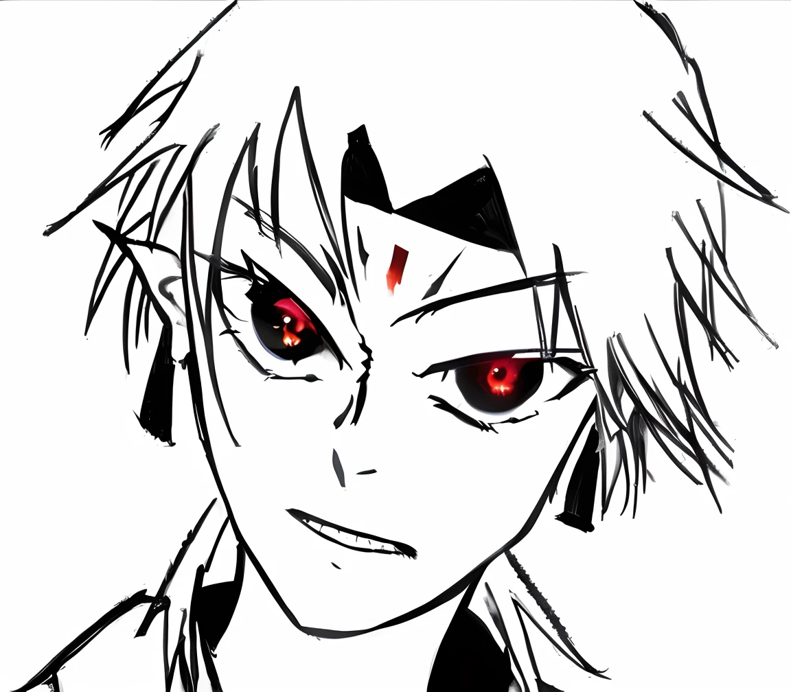 A painting of a man with red eyes and a black and white background, with glowing red eyes, with red glowing eyes, with red eyes, fully red eyes, red eyes glowing, with a red eyes, Sharp red eyes, red eyes and a slim face, His eyes were red，with light glowing, red - eyed, highly detailed angry anime face