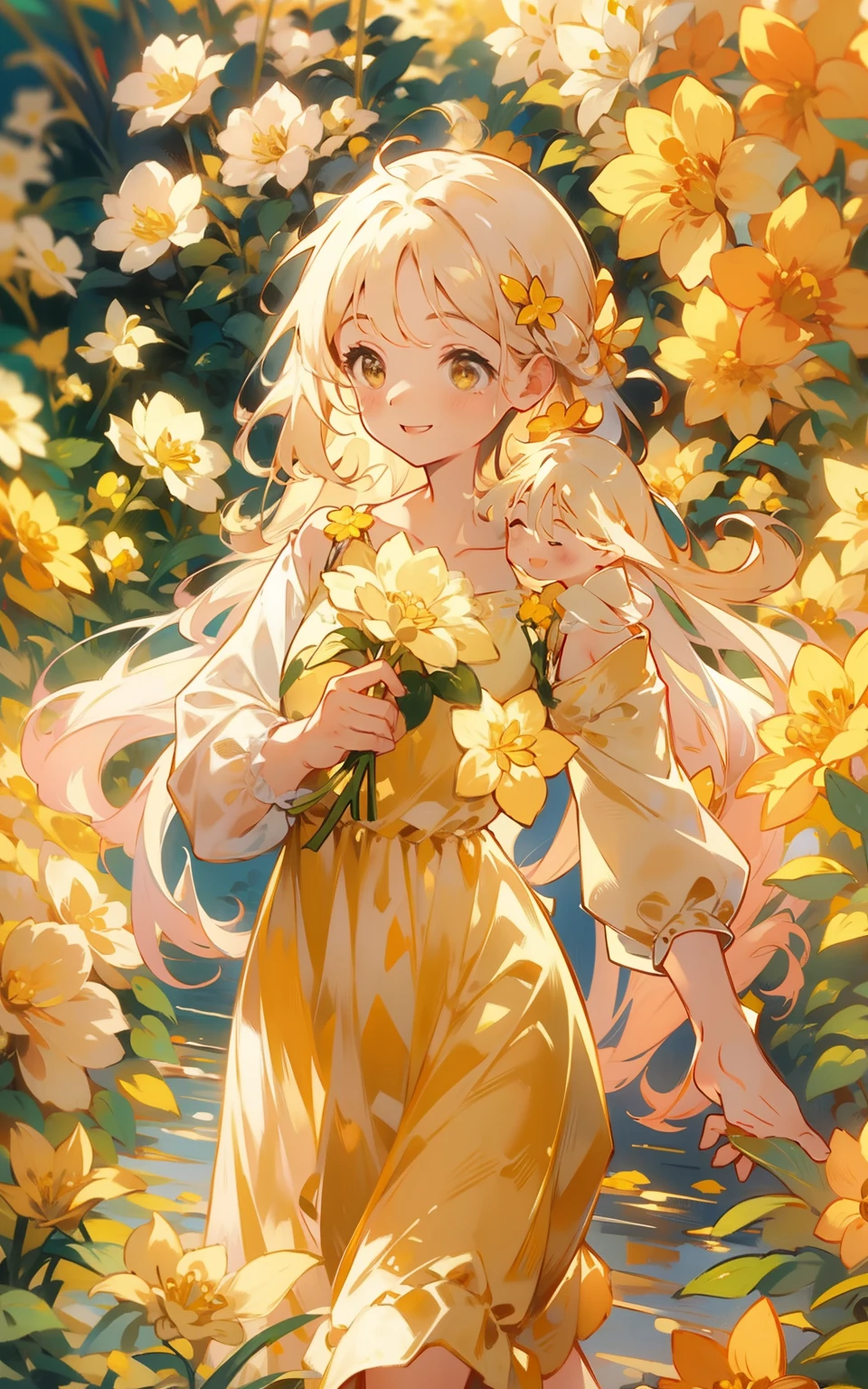 A sea of golden flowers：A charming girl in a golden dress，Walk among the golden flowers，Her smile was filled with tenderness and joy