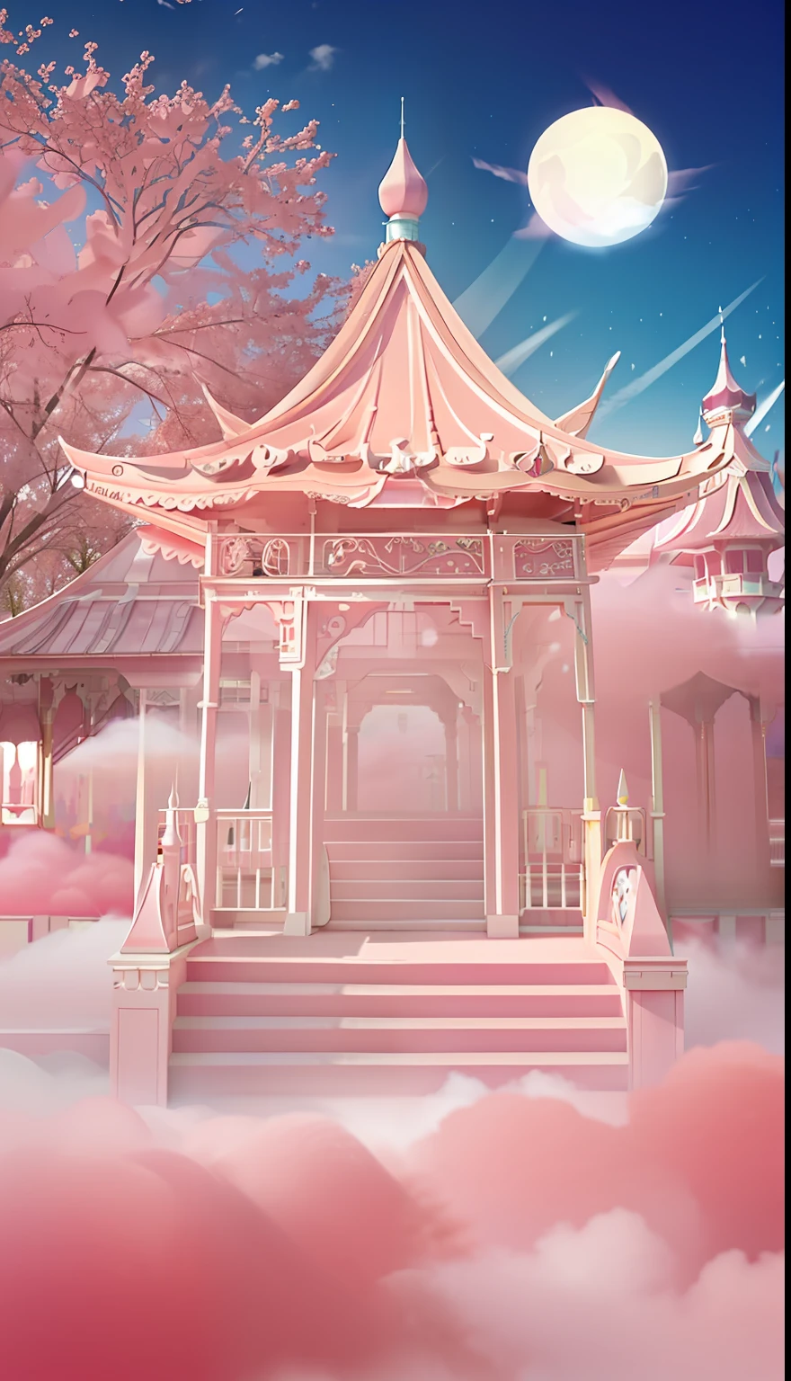 In the middle of the park full of pink clouds there is a pink pavilion, lie on white clouds fairyland, heaven pink, in the white clouds fairyland, pink zen style, Cloud Palace, palace floating in heaven, dreamy atmosphere and drama, in white clouds fairyland, pink fog background, fantasy aesthetic!, dreamy aesthetic, flying cloud castle, very magical and dreamy