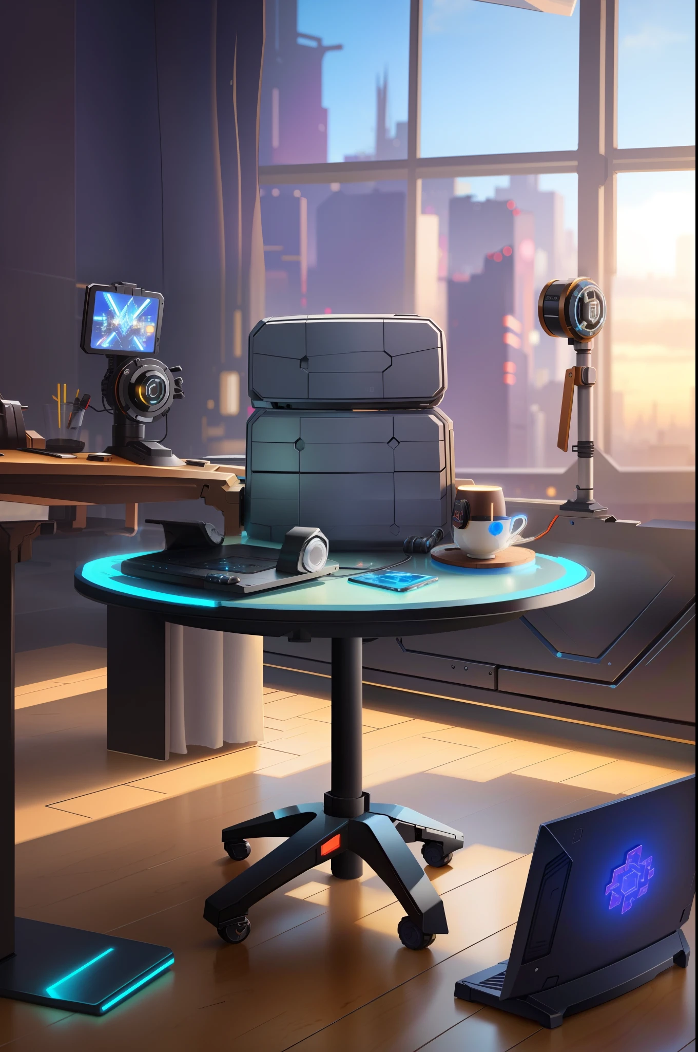 (full coverage:1.2 future cyberpunk style table:1.1) with (multicolor:1.1)