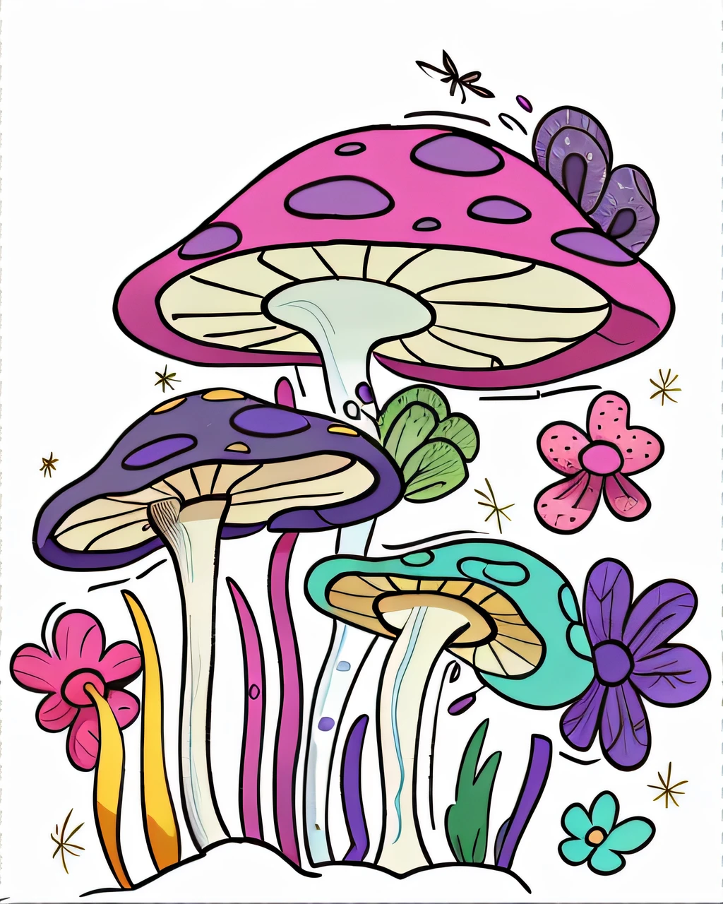 A cartoon mushroom，There are butterflies and butterflies on it, Colorful mushrooms, cogumelo trippy, cogumelo trippy, psychedelic mushrooms dream, magic mushrooms, magic mushrooms, Cogumelos, mushroom, Mushrooms, mushrooms style and macro style, neon mushrooms, mushrooms and plants, made of mushrooms, Mushrooms are everywhere, Mushroom forest, mycologist, toadstools, full color digital illustration, Mushrooms grow