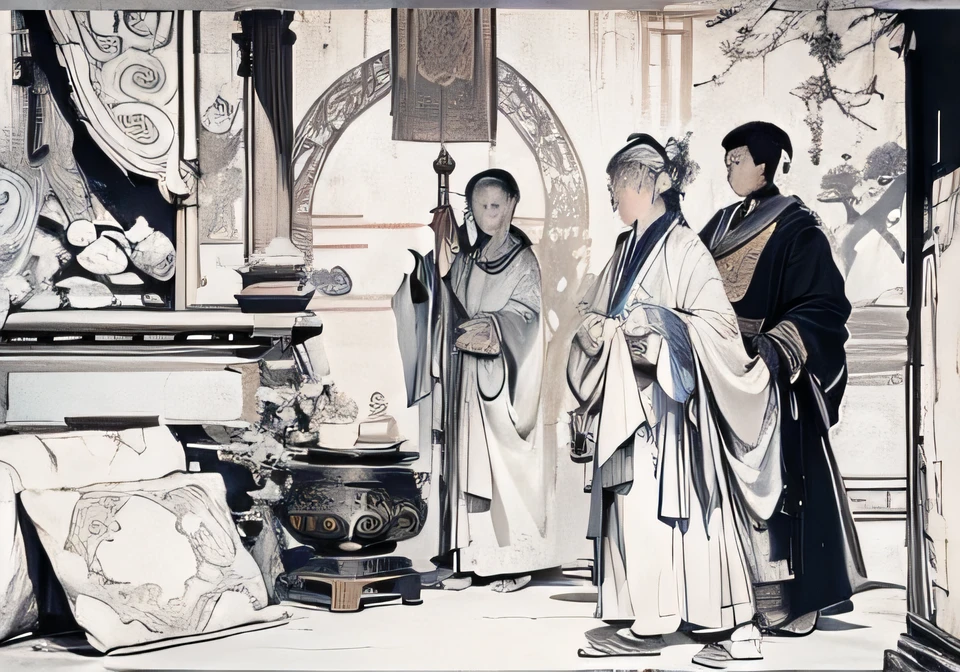 Colored screen,higher details,Two young readers of ancient Chinese,An old monk,In temples and temples,There is a Buddha statue on one side,There are frescoes on the other side,The content of the mural is the image of a Chinese Gongbi fairy,The atmosphere is mysterious,The indicator is gray