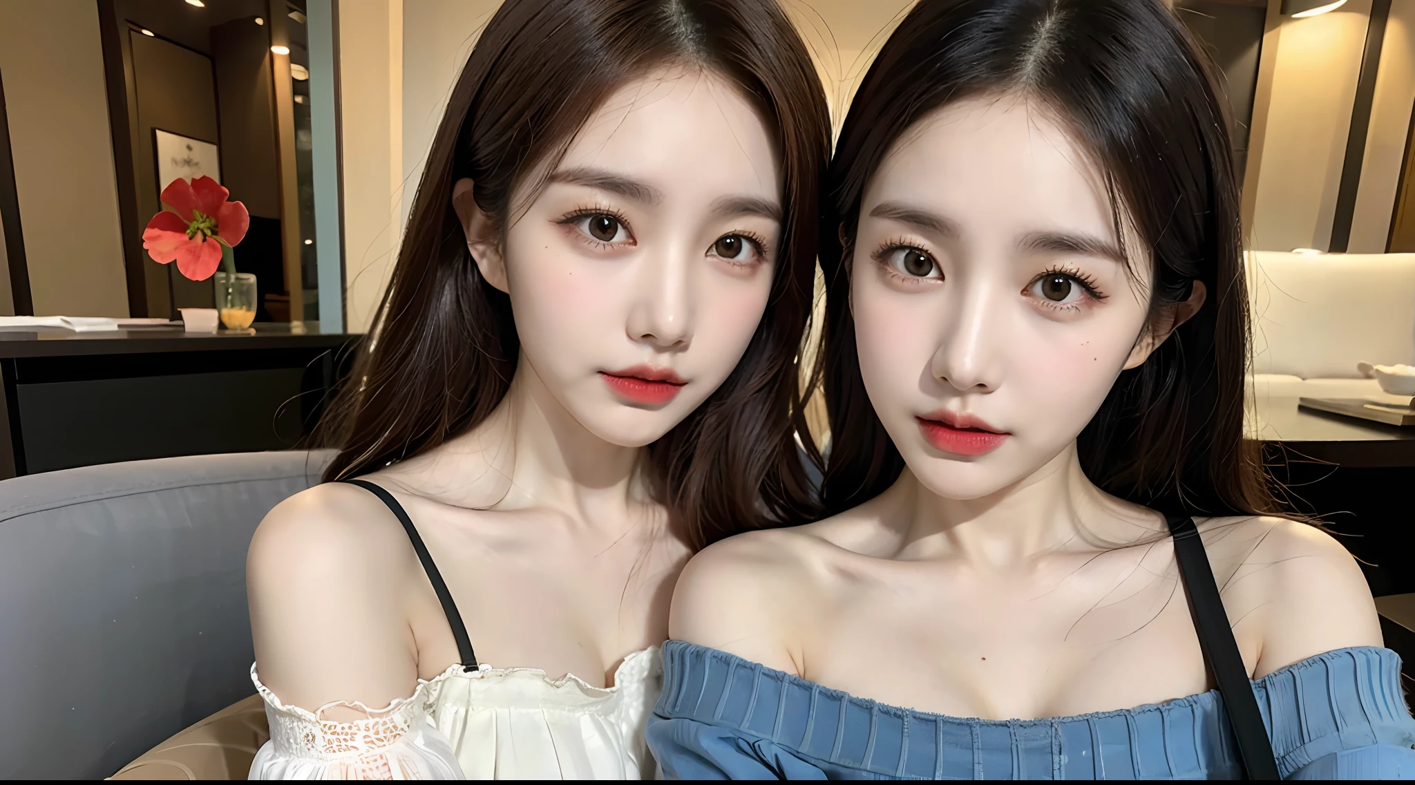 (High-resolution 8K raw photos are realistic,best qualtiy)，Fashionable, fashionable, beautiful and charming 2 women hugging together，gentle and charming Chinese beautiful woman，Korea,Kpop idol，delicate and sexy collarbones，charming oval face，二重まぶた，Ingenious[peaches]flower eyes，redish pink lips，small-nose，exposed bare shoulders，focus at face，closeup of face，Hyper-detailing，Blue off-the-shoulder long-sleeved top，White hip wrapped skirt，Light red hair，(cleavage，A half body，Close-up，Solo)，Lace，lacing，head gear， Fresh and impressive， natural color，(pedestrian street，cbd,rays of sunshine，outside，Stone table，LV shoulder bag for women，cellular phone)，Front light