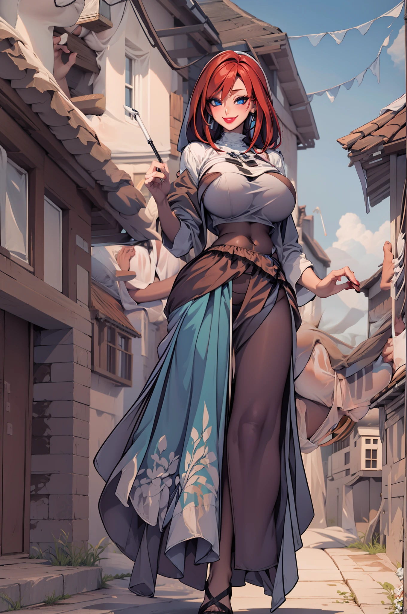 ,bimbo, slim waits, short hair, lipstick, wide hips, huge breasts, , huge breasts, milf,red hair, long hair, lipstick, makeup, , (blue eyes), perfect eyes, earrings, smiling, blushing, walking,*priestess, pullover, , walking flipflops, long skirt, medieval clothing, solo, floral crow, staff, wizard, full body, flipflops, medieval village, long robo, long skirt, big skirt, pants,Nun skirt, long skirt,alone, solo focus