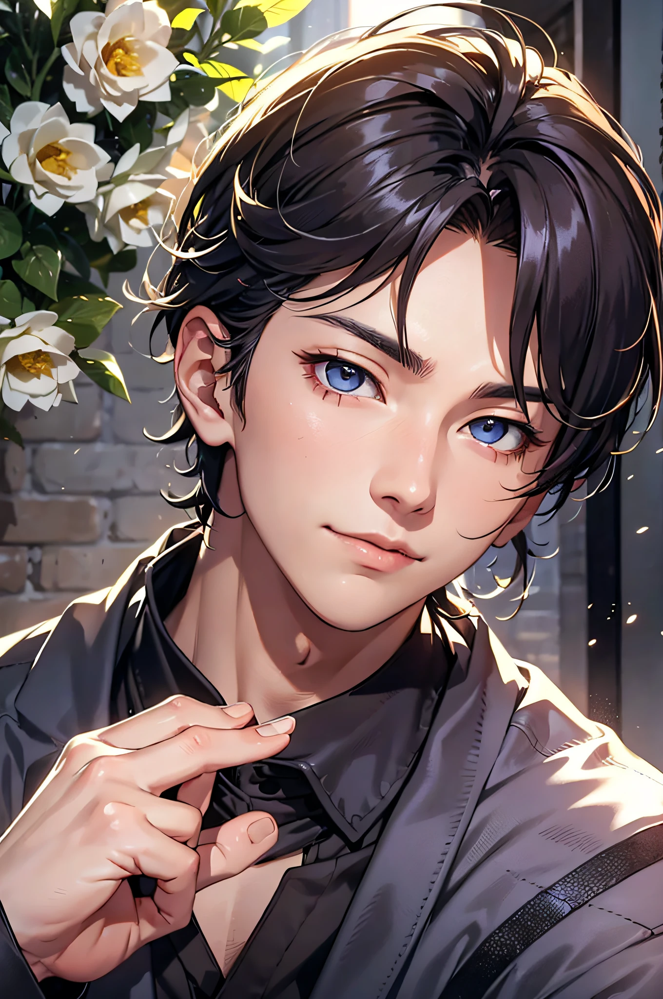 (hoang lap,A high resolution,Hyper-detailing,hdr),tmasterpiece,best qualtiy,A boy with,Close up,独奏,Handsome,Light short hair,Fine eyes and detailed face,lounge suit,Real shadows,Scissorhands gesture,cheerfulness,rays of sunshine。