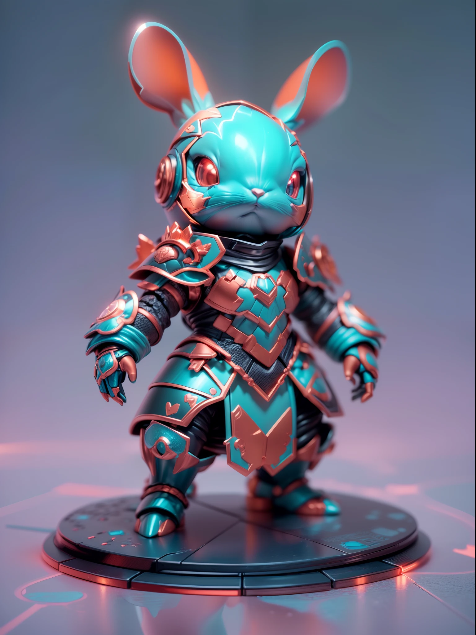(Blind box toy style:1.3),((Full body shot))(anthropomorphism) , (1 strong rabbit metal warrior)(((solo))) metal armor,dreamy glow, Clean dark background,Red cyan style,(circular base)( Global illumination, Ray tracing, hdr, unreal render,reasonable design, high detail, Masterpiece, Best quality, hyper HD, Cinematic lighting)