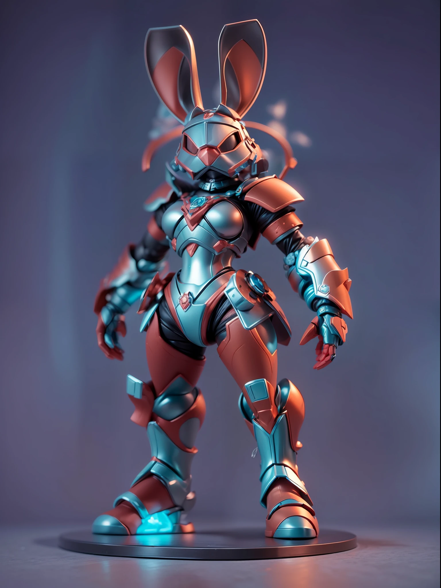 (Blind box toy style:1.3),((Full body shot))(anthropomorphism) , (1 strong rabbit metal warrior)(((solo))) metal armor,dreamy glow, Clean dark background,Red cyan style,(circular base)( Global illumination, Ray tracing, hdr, unreal render,reasonable design, high detail, Masterpiece, Best quality, hyper HD, Cinematic lighting)