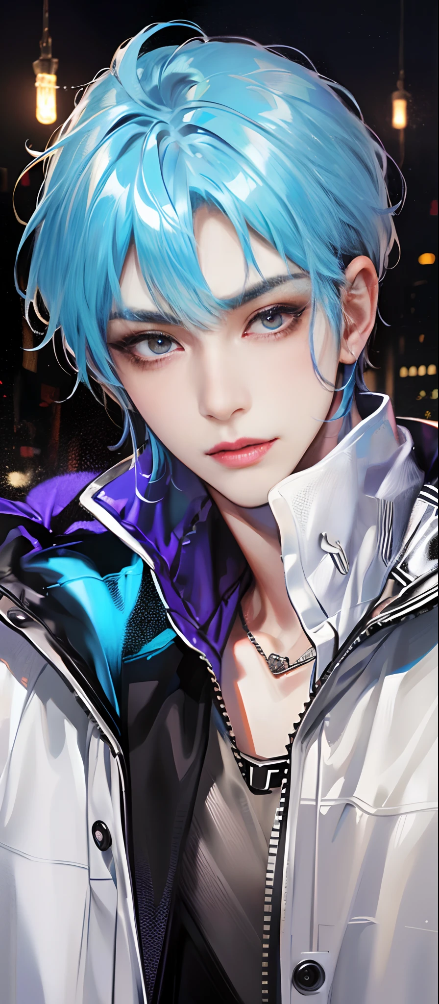 masterpiece, top-quality, 2Others, Male couple, 1 man and 1,, Adults, Height difference, different fashion, different color, finely eye and detailed face, intricate detailes, Casual clothing, Oversized shirt, Modern urban streets, A smile, Happiness, tenderness, queers, high-level image quality、 Two beautiful men、tall、The upper part of the body、nightfall、nighttime scene、𝓡𝓸𝓶𝓪𝓷𝓽𝓲𝓬、Korean Male, Idol Photos, k pop, Professional Photos, Vampires, Korean fashion in black and white, Fedoman with necklace, inspired by Sim Sa-jeong, androgynous vampire, :9 detailed face: 8, extra detailed face, detailed punk hair, ((eyes are brown)) baggy eyes, Seductive. Highly detailed, semi realistic anime, Vampires, hyperrealistic , delicate androgynous prince, imvu, short hair above the ears, Man with short hair, Purple-haired man with a glaring expression and a man with light blue hair with a gentle expression, With a short-haired man with bright purple hair, Man with light blue hair