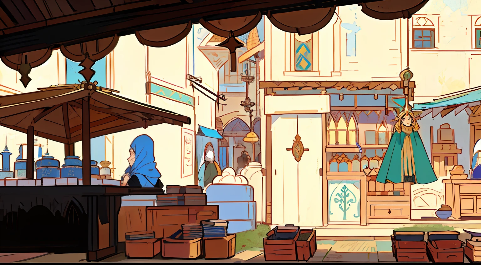RPG illustration,Q version,cartoony,Medieval bazaar,See the street from a first-person perspective,In the foreground is a stall full of porcelain,The middle view is a bustling and lively medieval street