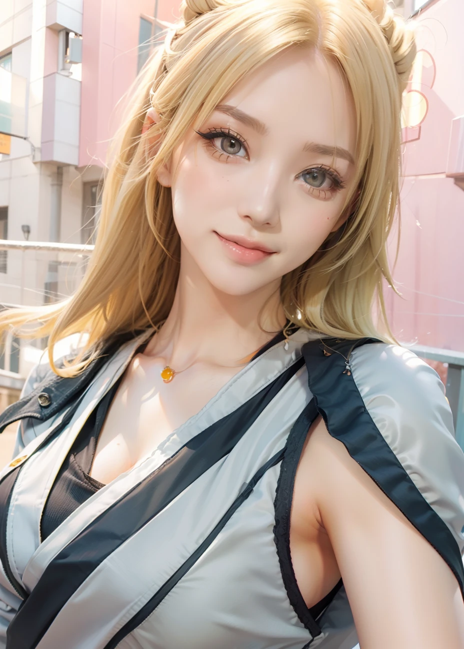 1girl, tsunade, long hair, sexy dress, yellow hair, orange eyes, smile, beautiful, grey clothes, very big breast, sexy clothes, outdoor background, ultra detail, realistic