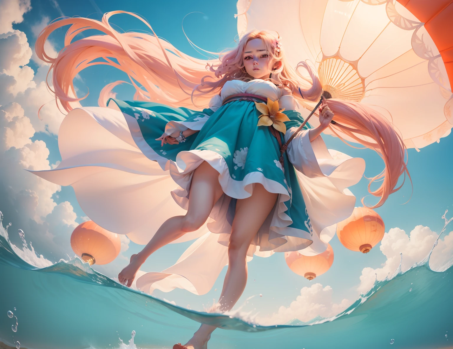 long shot of cute lady, looking at the camera viewed from below, with wavy long blonde hair, parachuting down holding a giant Chinese lantern floating down form a sunny summer day sky to watch the pink sunset, as she lightly touches down in the shallow clear blue foamy surf of an otherwise alien seashore, showing the sandy beach, and toes in the sand and surf, 28k resolution hyper-detailed, photorealistic Kurosawa.