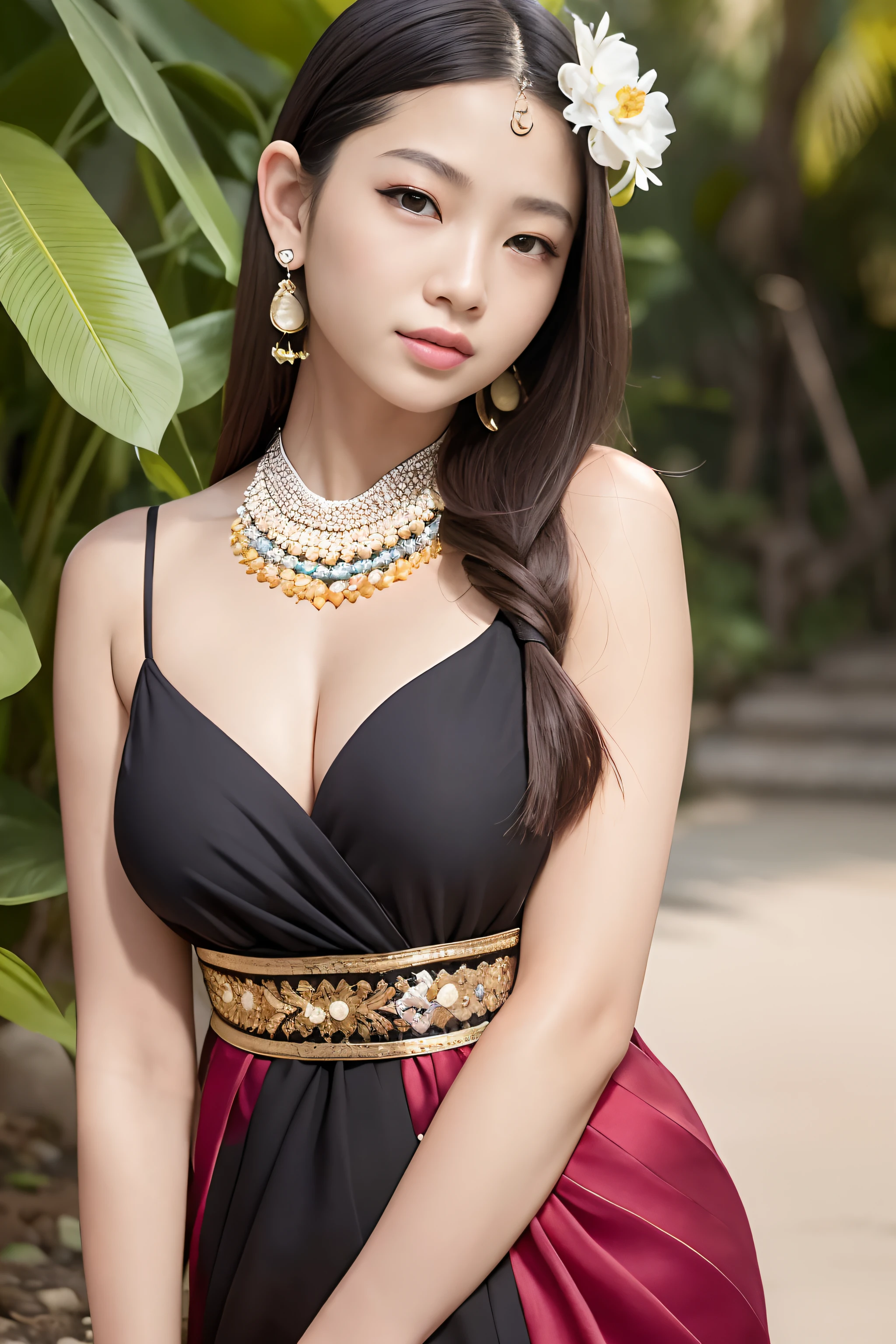 (RAW photo:1.2),(photorealistic:1.4),(masterpiece:1.3),(best quality:1.4),ultra high res, HDR,8k resolution ,scenery,((no text)), solo focus, {{like jennie kim face}}, oval head, 18 yo, (detailed eyes), small nose, soft smile, (detailed facial features), hyper white skin tight, (shiny skin), (slim ads : 1.3), Huge breasts, young, dark brown hair, grey eyes, ear studs, wearing a in a bali traditional dress with a flower in her hair, bali traditional, design by biyan, portrait shot, traditional dress, inspired by biyan official , wearing authentic attire, kebaya clothes by biyan, smile, bashfully,cute, look straight into the camera