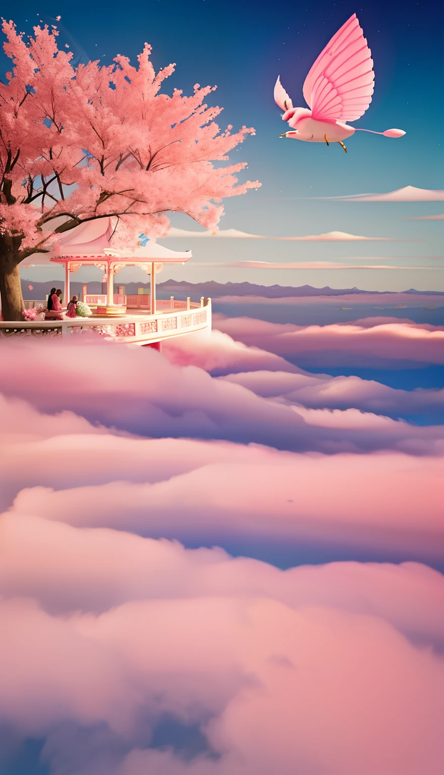 In the middle of the park full of pink clouds there is a pink pavilion, lie on white clouds fairyland, heaven pink, in the white clouds fairyland, pink zen style, Cloud Palace, palace floating in heaven, dreamy atmosphere and drama, in white clouds fairyland, pink fog background, fantasy aesthetic!, dreamy aesthetic, flying cloud castle, very magical and dreamy