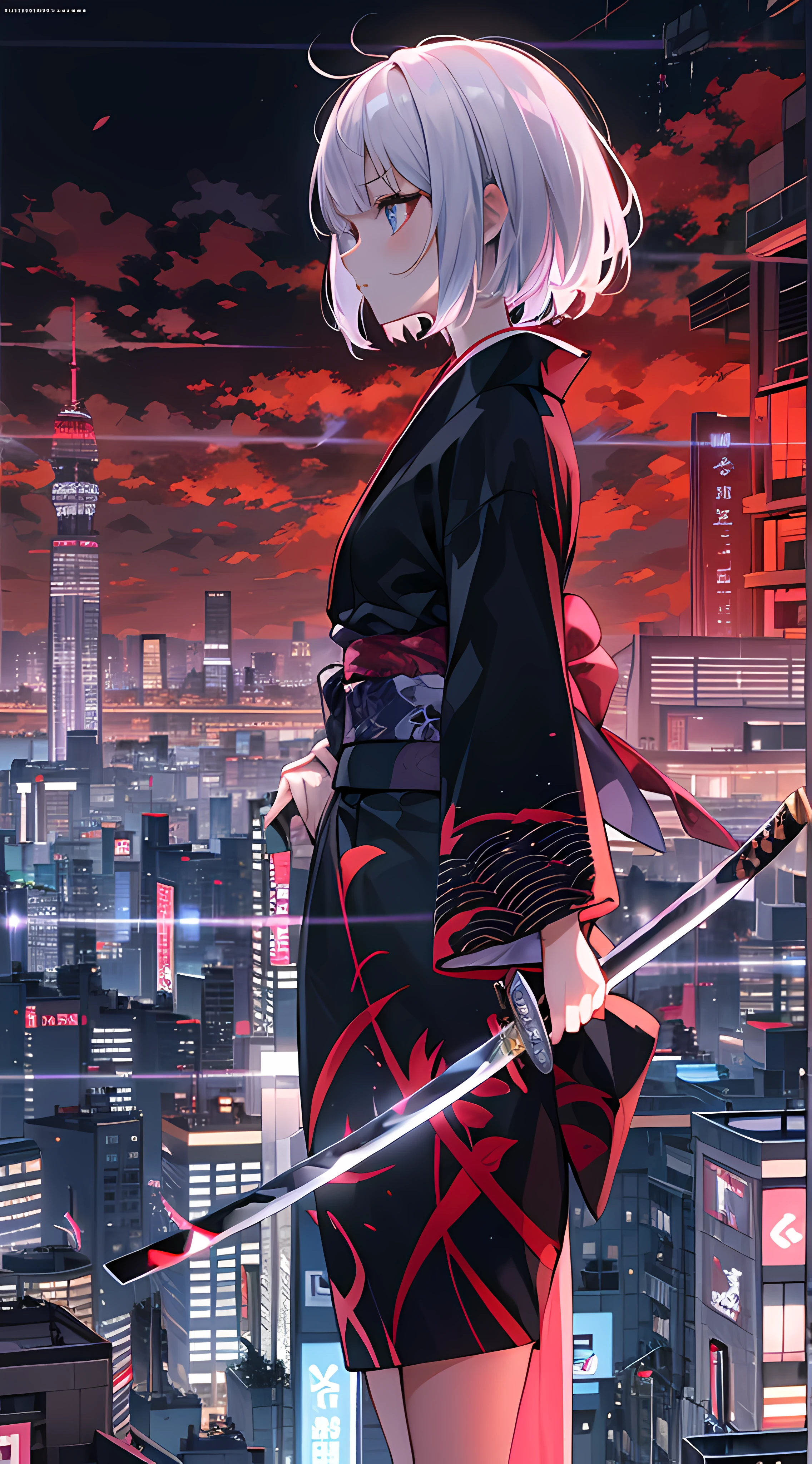 girl, teen, tokyo, on top of tall building, night, high tech katana, kimono, tight, heels, techware, wear stylish kimono, edgy, short hair, dominant white red black, teen, beautiful eyes, unsheating katana, short skirt kimono, gfx text overlay, sci-fi gfx, white hair, high tech city